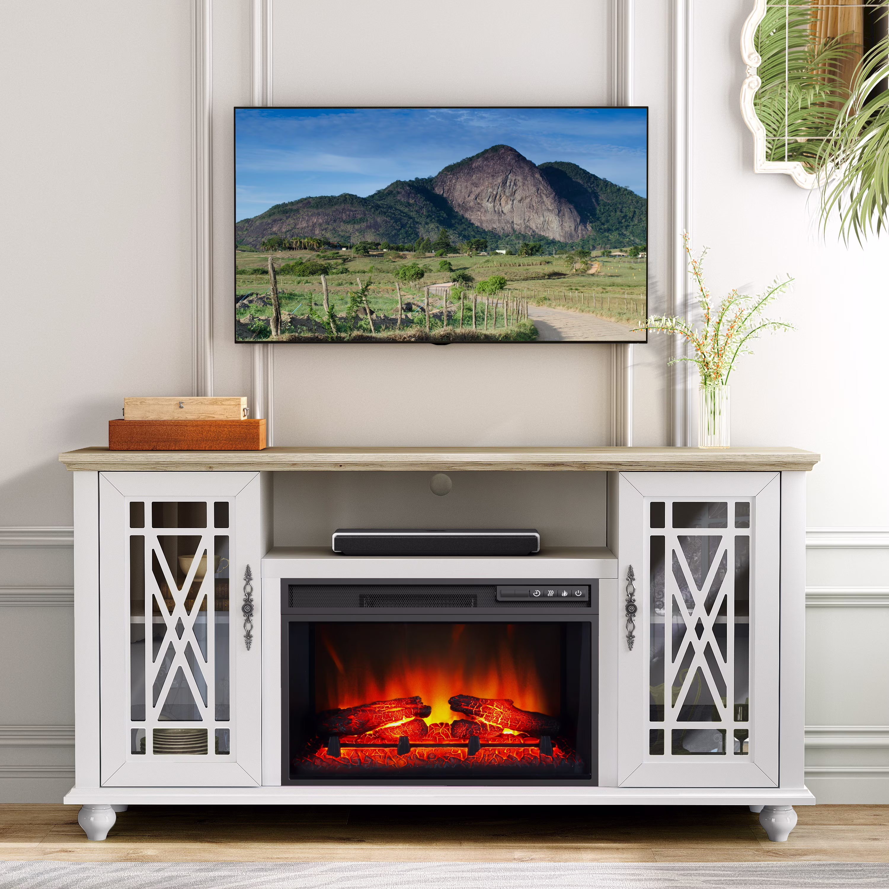 Elegant 61" TV Stand with Fireplace Green(Green) - Image 5