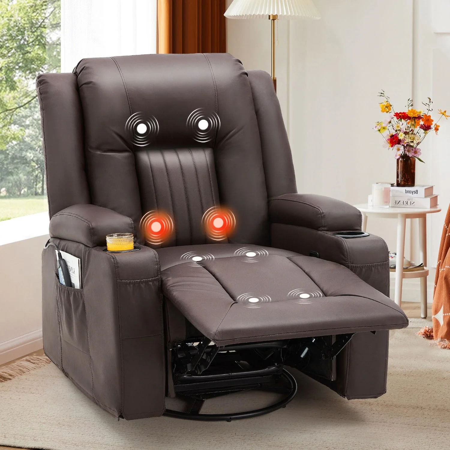 AECOJOY Massage Recliner Manual Chair with Heating & 360° Swivel Rocking Function, Brown