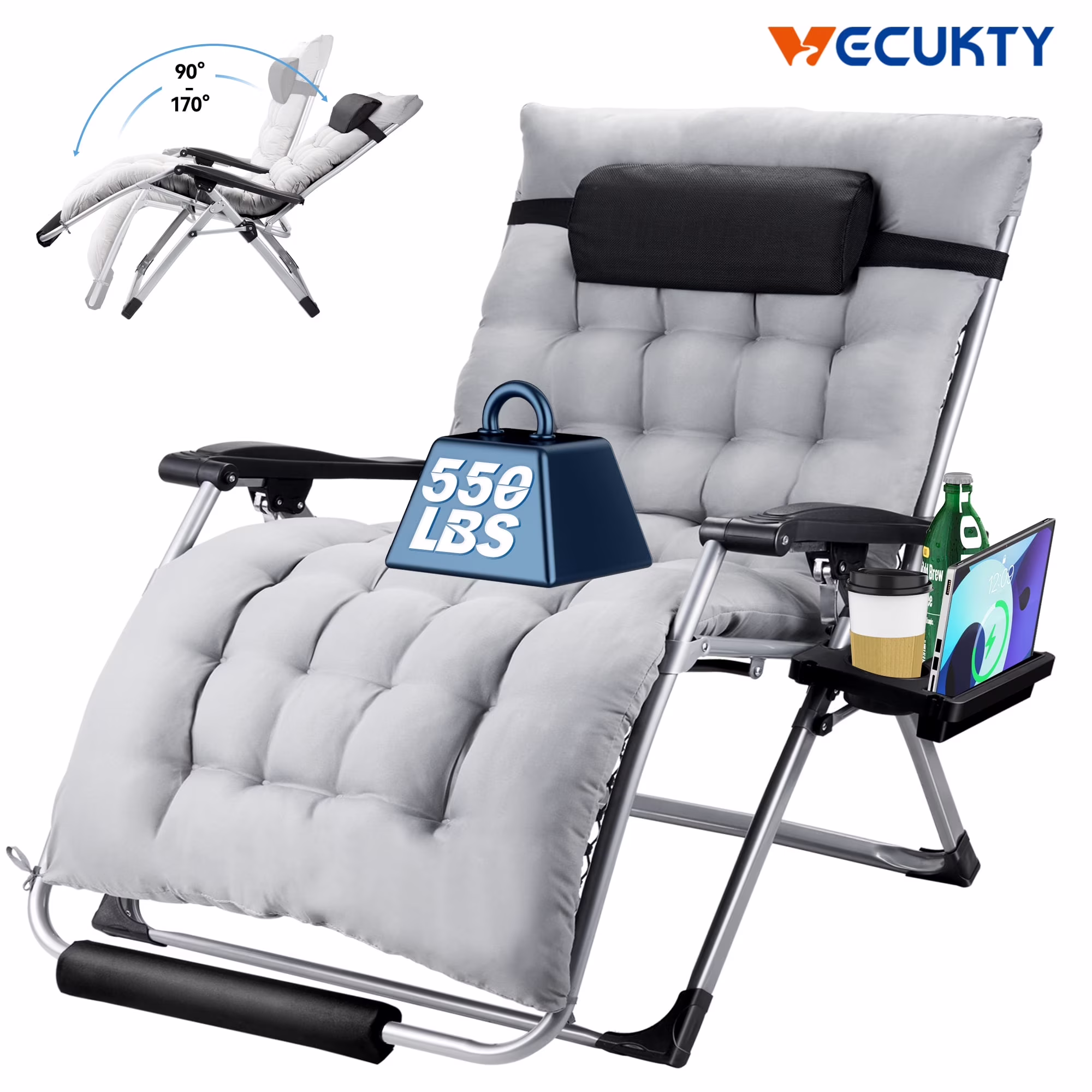 XXL Oversize Zero Gravity Chair 500lb Capacity, 33-Inch Wide Padded Seat, Folding Travel Recliner for Outdoor / Indoor Use Patio, Lawn, Black, Portable and Heavy Duty(1/Black) - Image 3