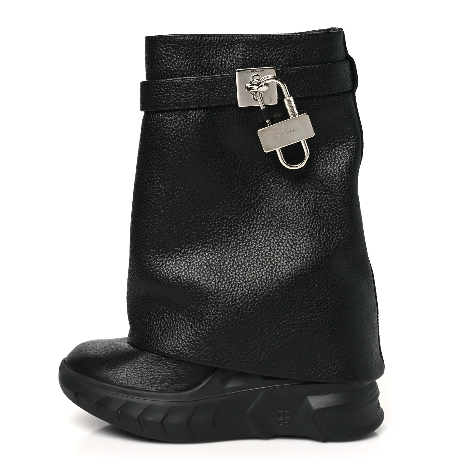 Grained Calfskin Shark Lock Biker Ankle Boots 36 Black