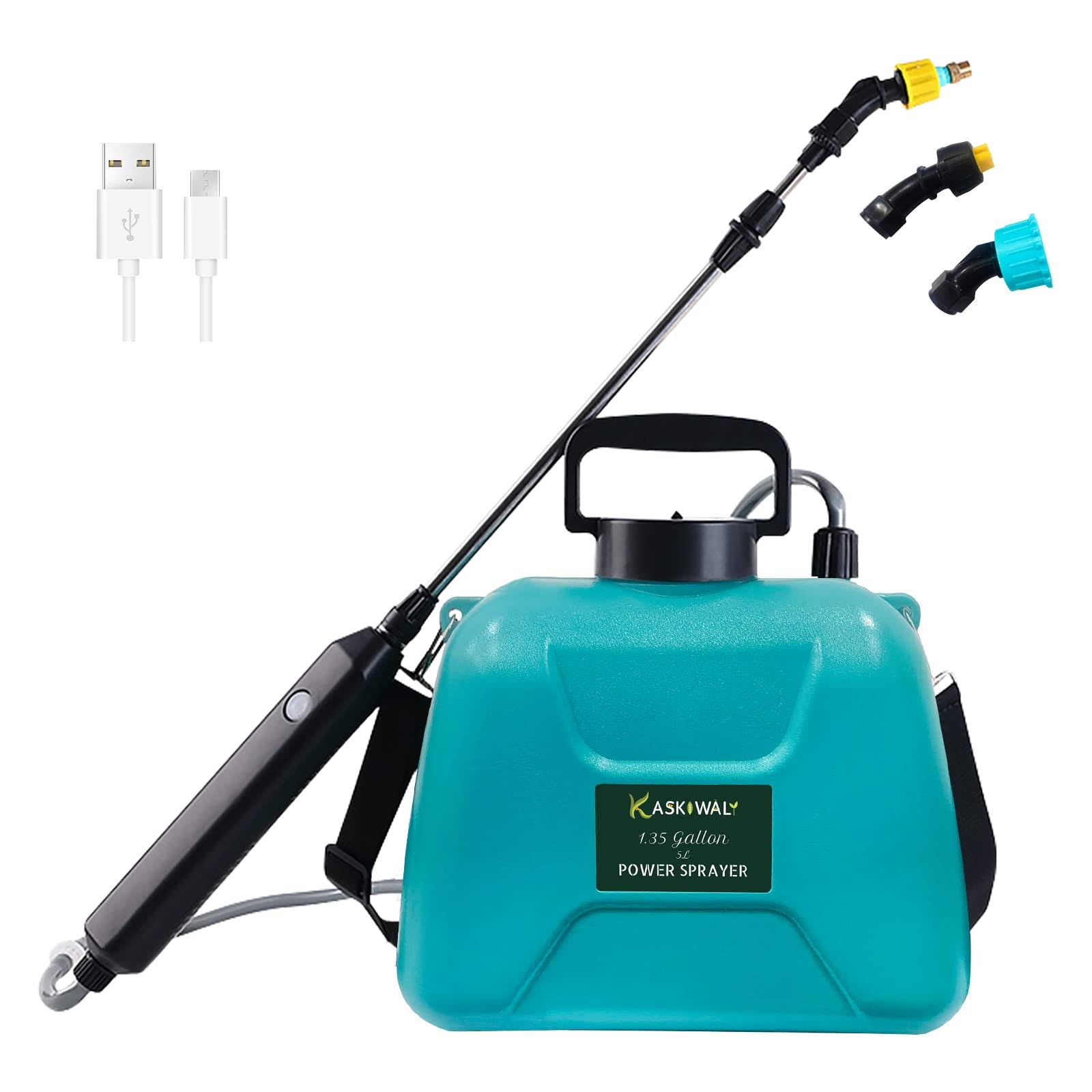 Kaskiwaly Battery Powered Garden Sprayer with 3 Mist Nozzles, 1.35 Gal Lawn Water Sprayer with USB Rechargeable Handle and Telescopic Wand, Portable