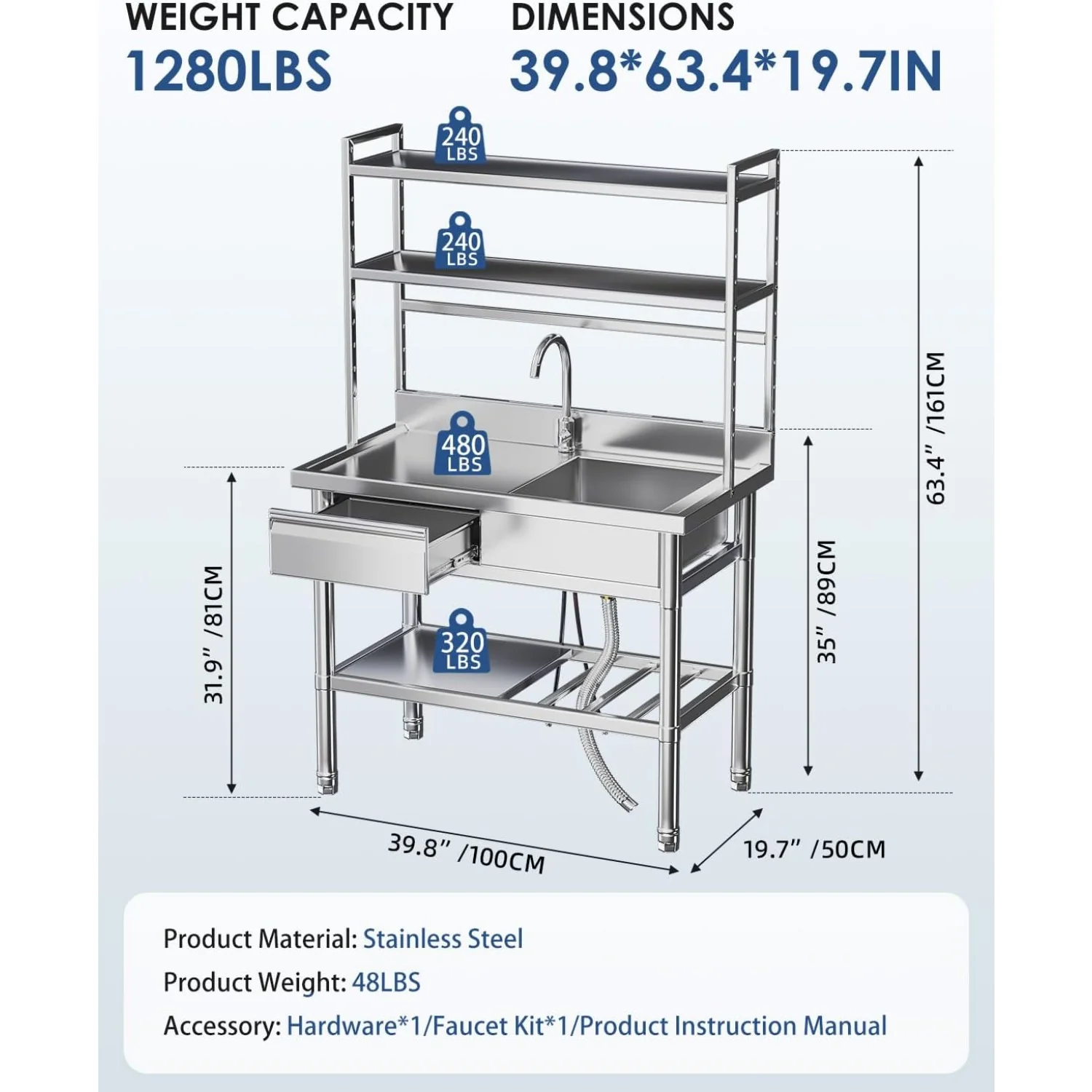 AECOJOY Stainless Steel Utility Sink with Shelves, Free Standing Single Bowl Commercial Kitchen Sinks