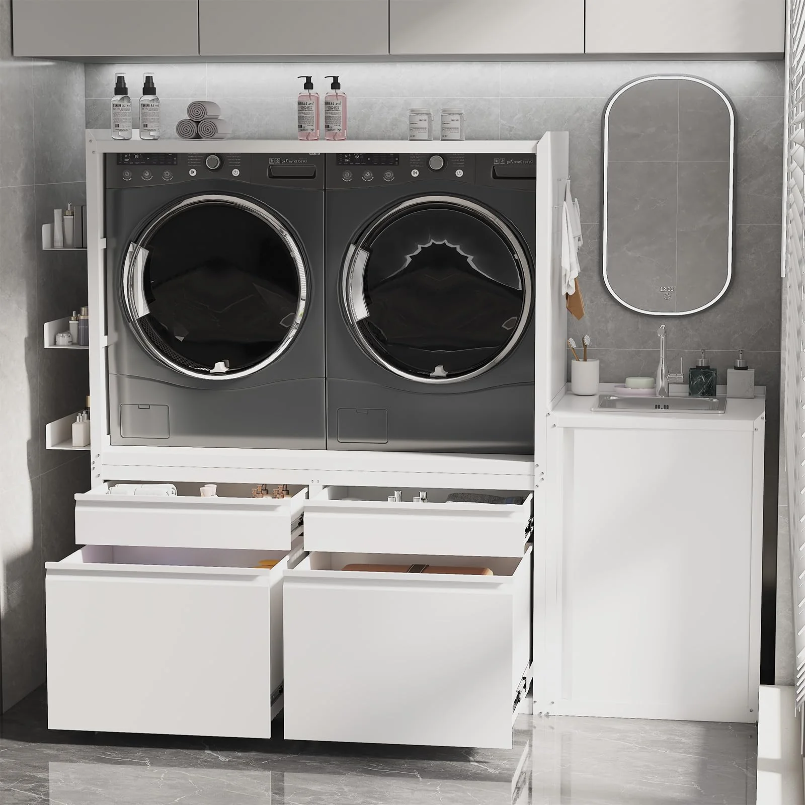 AECOJOY Laundry Pedestal with Sink Cabinet 1300LBS Heavy Duty Universal Washing Machine Stand Base Raiser