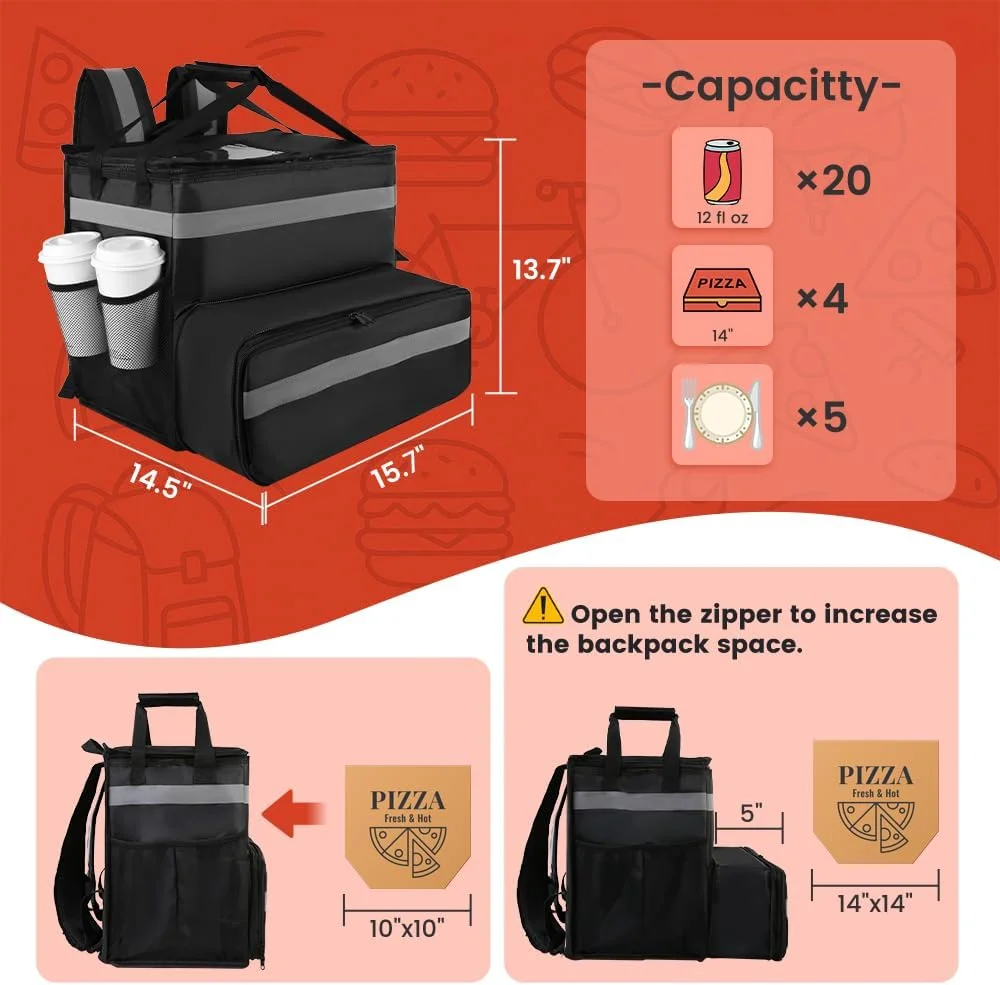 Large Insulated Food Delivery Bag, Expandable Cooler Backpack for Doordash Uber Eats, Reflective Strip Cup Holders, Reusable Pizza Carrier with Hand Straps, Bike Motorcycle Use - Image 3