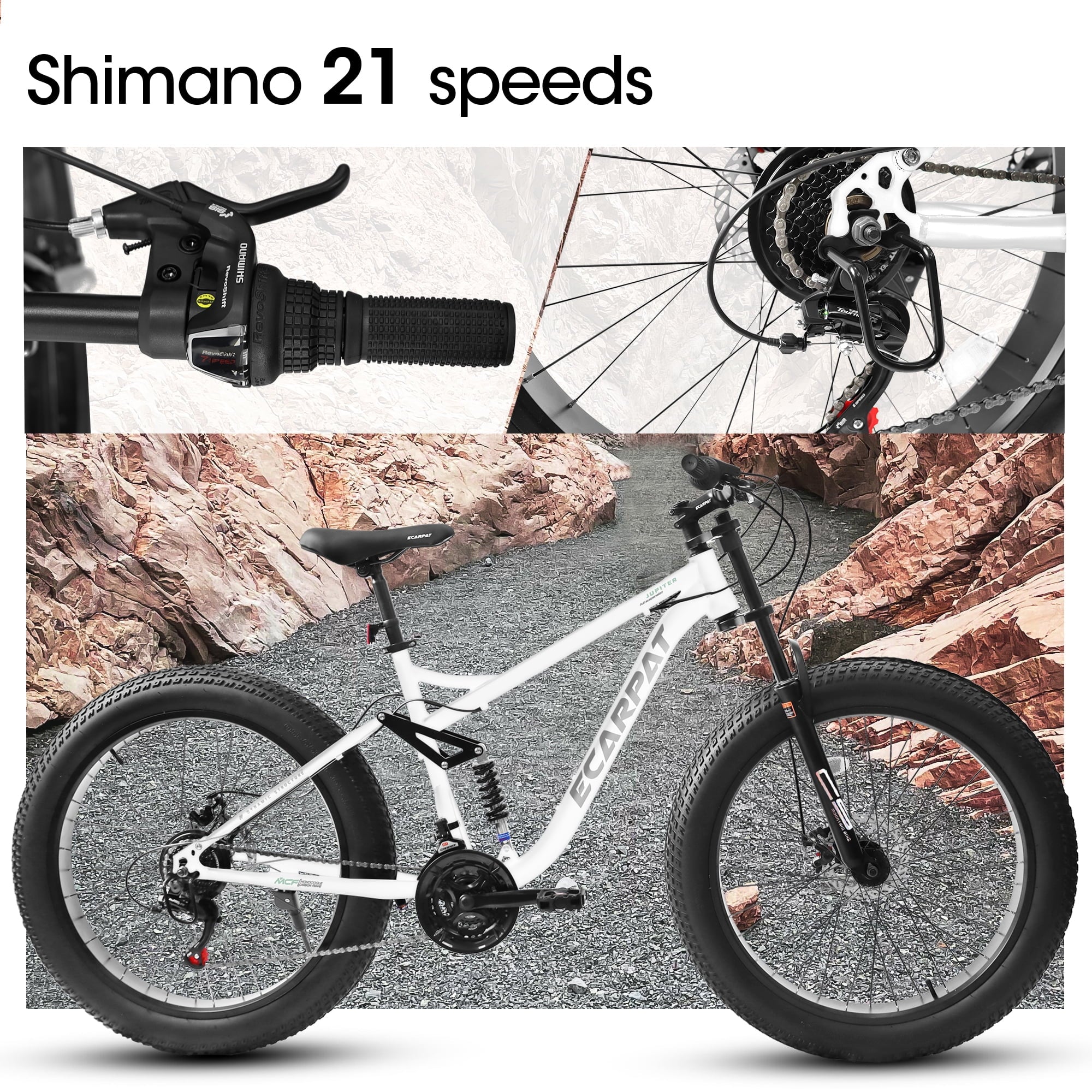 26 in Men's Fat Tire Bike,Shimano 21-Speed,Full Suspension Mountain Bike,Black