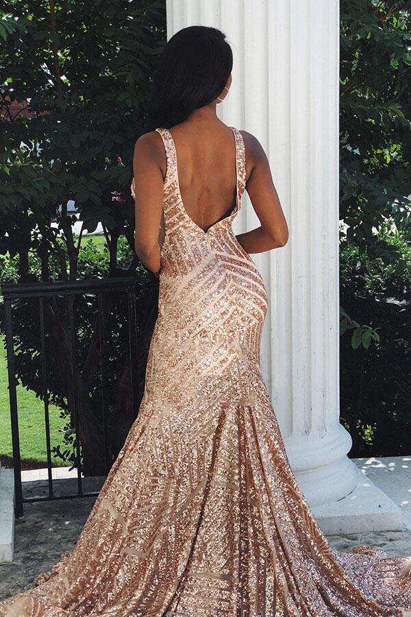 Charming Mermaid Backless Sequins Rose Gold Long Prom Dress DMK75