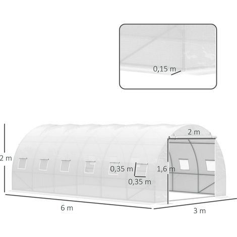 Irovami Serre tunnel de jardin 6 x 3 x 2 m avec porte enroulable, 12 fenêtres, bâche en PE 140 g/m² et structure métallique galvanisée, blanche, idéale pour la culture de légumes. — vue 5