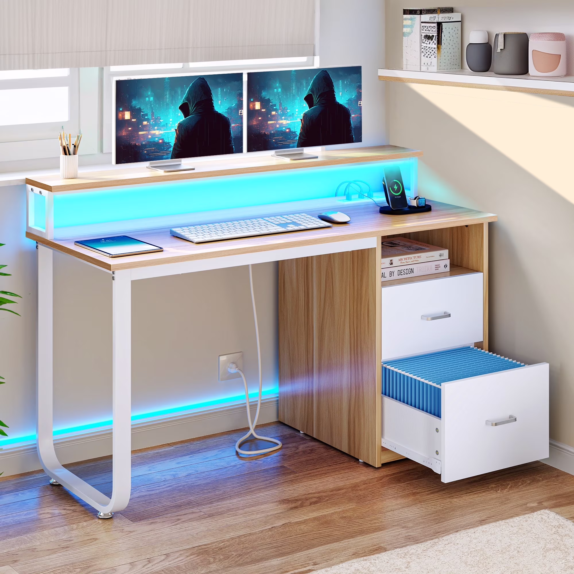 47 inch Computer Desk with Storage Drawers LED Light, Office Desk with Monitor Stand Power Outlets, Work Study PC Desk for Small Spaces, Home Office, Oak(47.2"/Oak White)