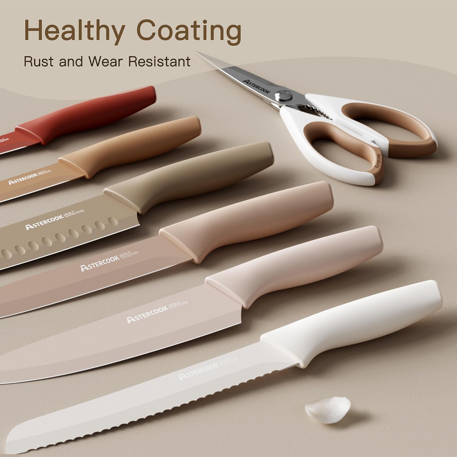 Astercook Knife Set, 13 Pieces Kitchen Knives Set with Healthy Anti-Rust Coating, Dishwasher Safe, Stainless Steel Chef Knife Sets with 6 Blade Guards, Father's Day Gift for Men
