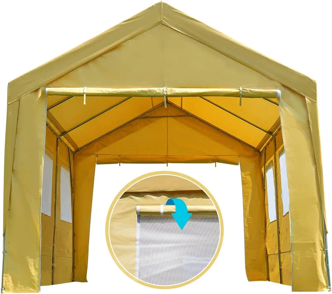 10x20 ft Heavy Duty Carport with Roll-up Ventilated Windows Removable Sidewalls Car Canopy Garage Boat Shelter Party Tent, Adjustable Height from 9.5ft to 11ft, Beige Yellow(10' x 20'/Beige) - Image 9