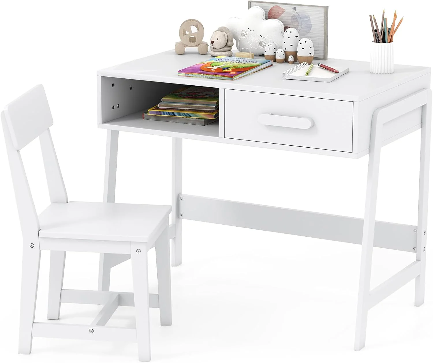 Kids Desk and Chair Set, Wooden Children School Study Table and Chair w/Storage Drawer & Hutch, Student Writing Desk Computer Workstation for Bedroom, Gift for 3+ Years Old (White)