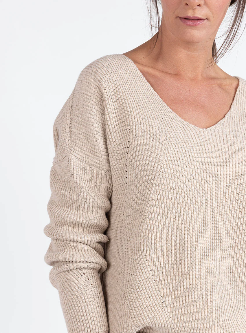 Pull femme maille ajourée coton beige lin