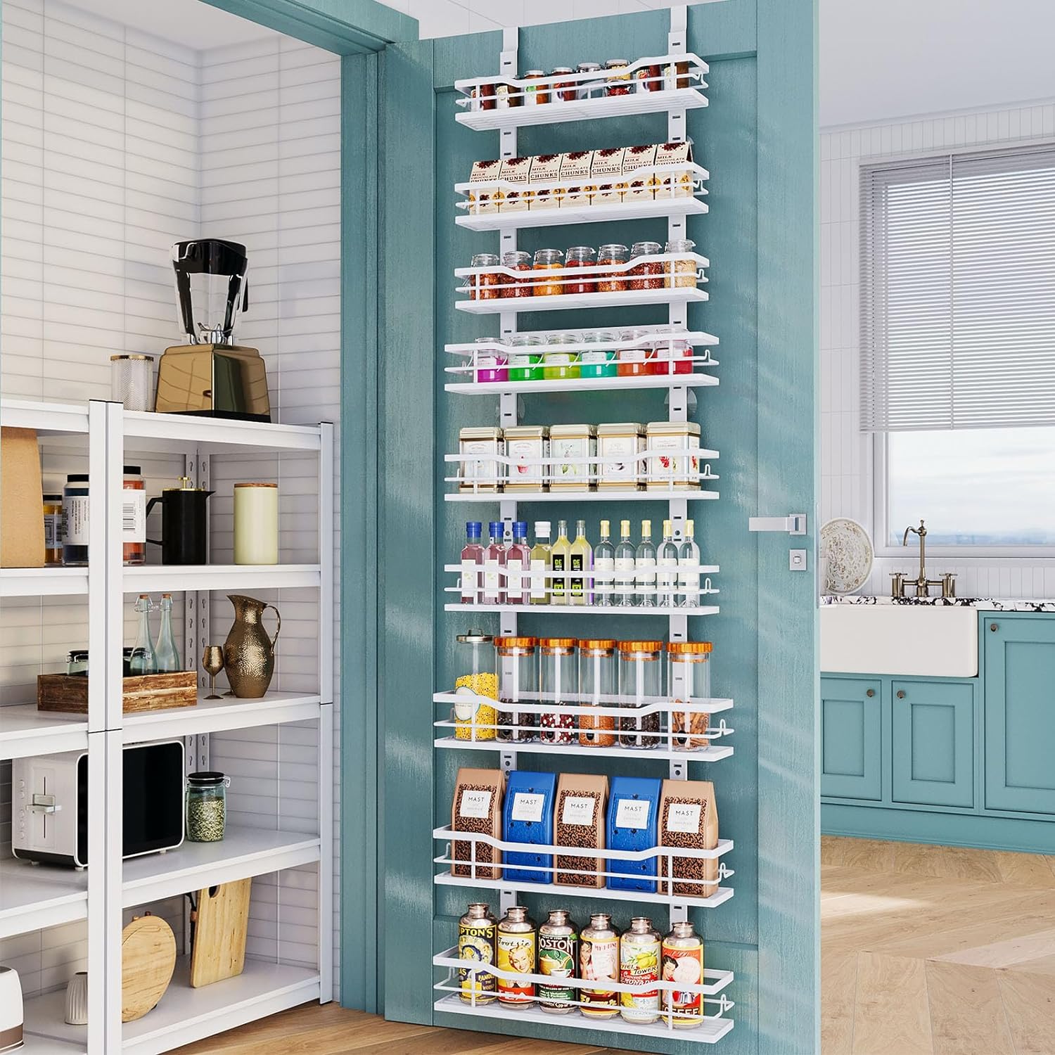 Eastherry Over The Door Pantry Organizer, 9-Tier Over The Door Organizer with Adjustable Basket, Metal Hanging Pantry Organizers and Storage for Kitchen, Back of Door Seasoning Rack