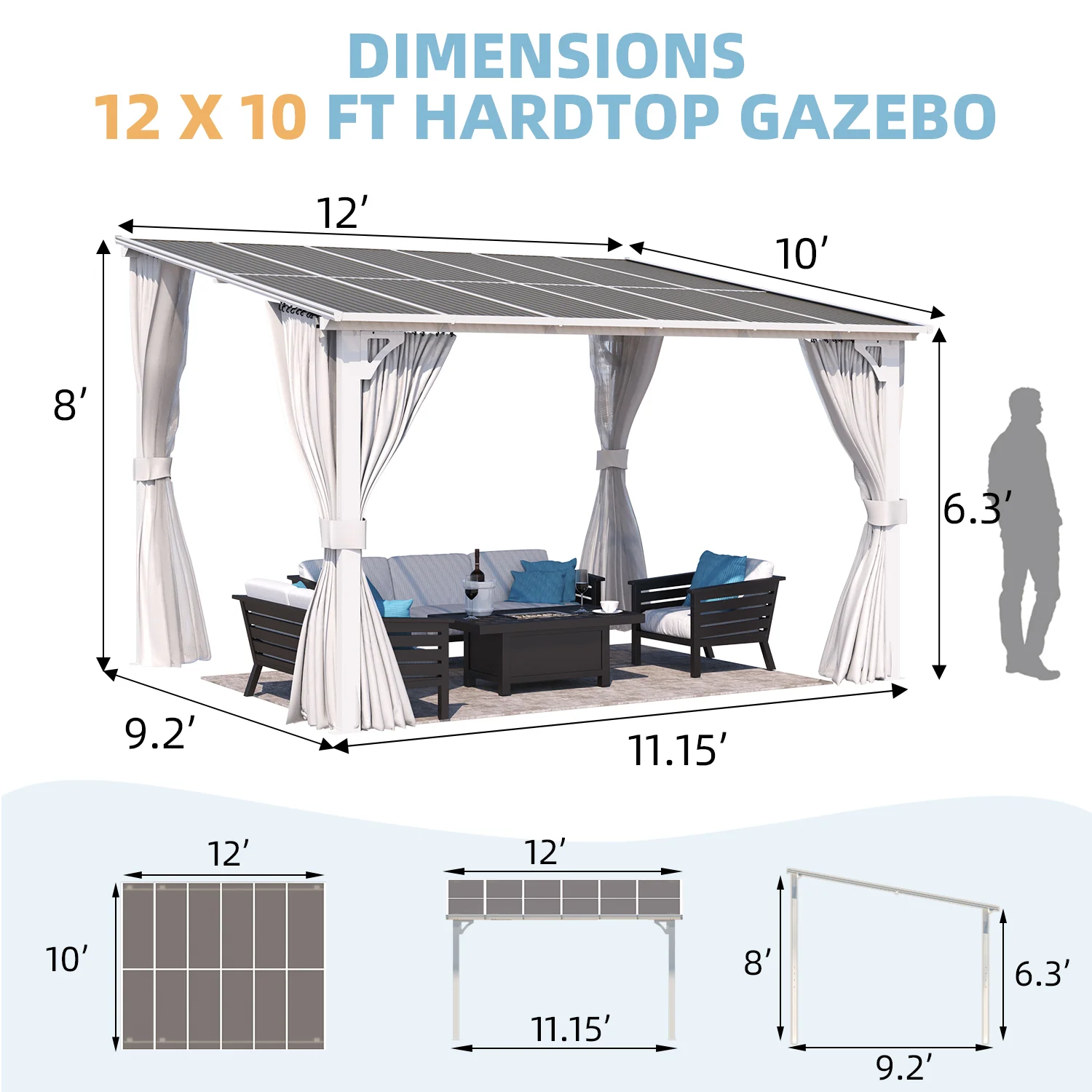 AECOJOY 12'x10' Wall Gazebo with Curtains and Mosquito Netting, White