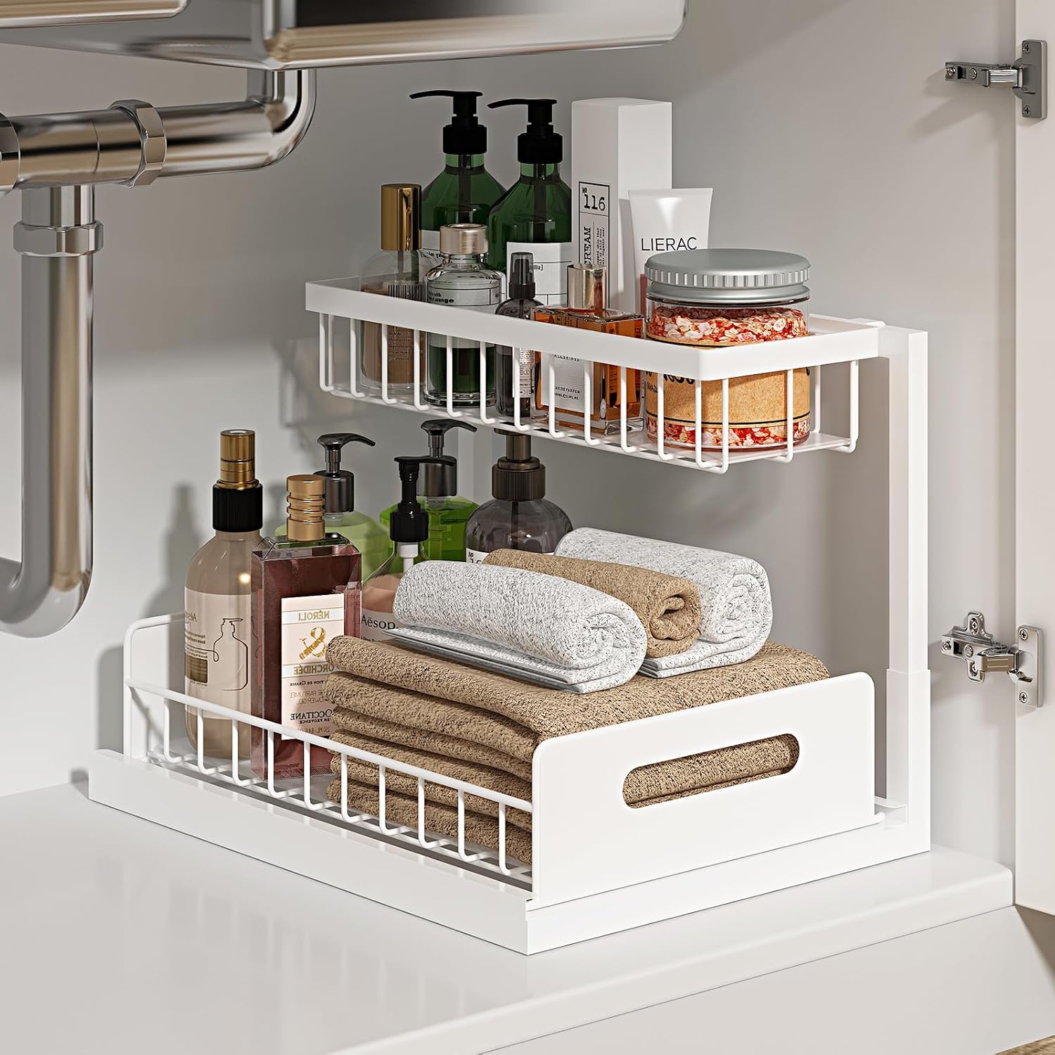 REALINN Under Sink Organizer, L-Shaped 2 Tier Pull Out Cabinet Organizer