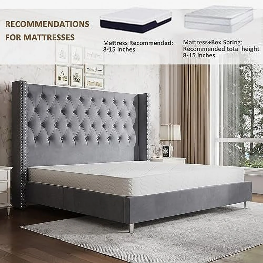 Vanacc Queen Bed Frame Upholstered Bed Wingback Headboard Velvet Tufted Diamond Button/No Box Spring Needed/Easy Assembly/Gray