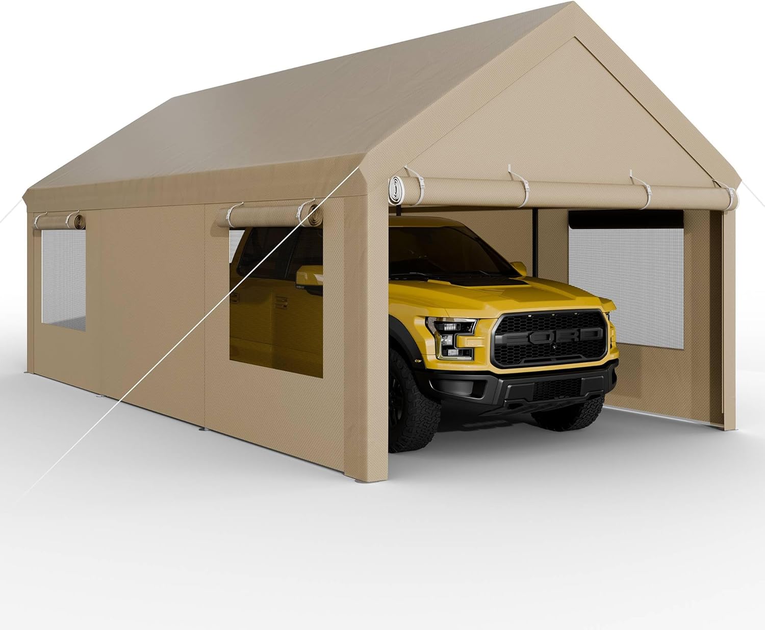 Abri d'auto 2025, abri d'auto robuste de 3,65 m x 6,10 m avec fenêtres enroulables, garage portable avec parois latérales et portes amovibles, auvent pour voiture, bateau, camion ou moto, lesté de sacs de sable et bâche toutes saisons.