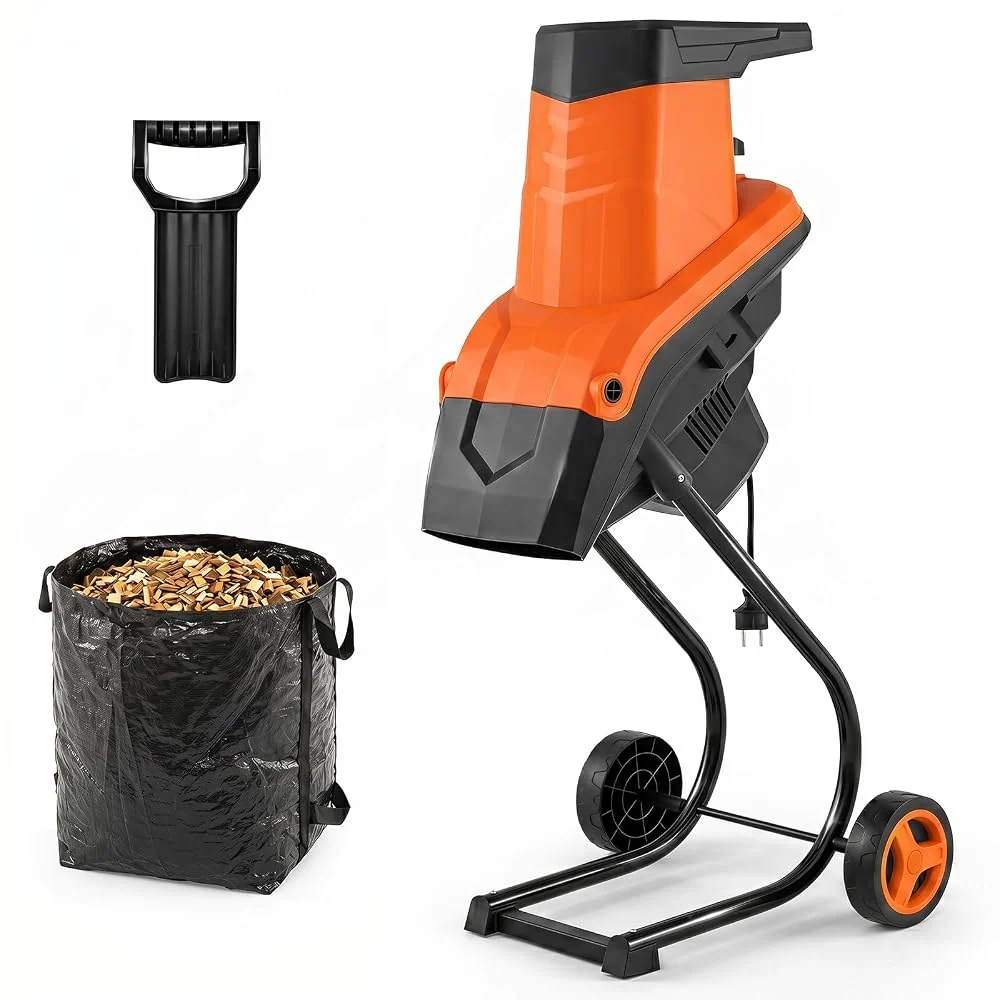 Goplus 15-Amp Electric Wood Chipper Shredder Mulcher, 1.8” Max Cutting Diameter, 21:1 Reduction Ratio, 50L Collection Bag and Push Paddle, Garden Shredder for Branches and Yard Waste Cleanup (Orange)