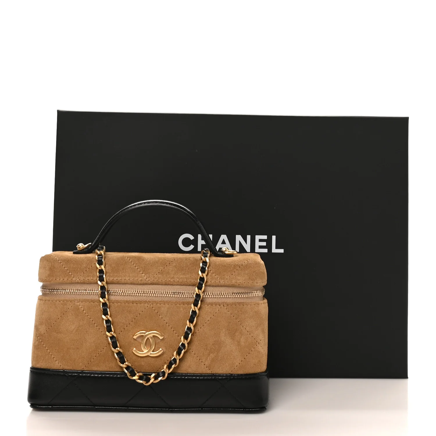 Suede Calfskin Shiny Lambskin Quilted Top Handle Slim Vanity Case With Chain Beige Black