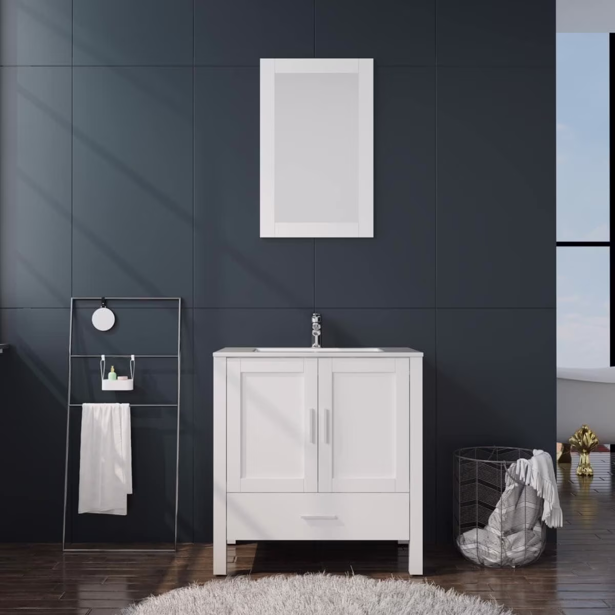 30" White Bathroom Vanity and Sink Combo Modern Drop in Sink Bathroom Cabinet with Mirror and Drain(White)