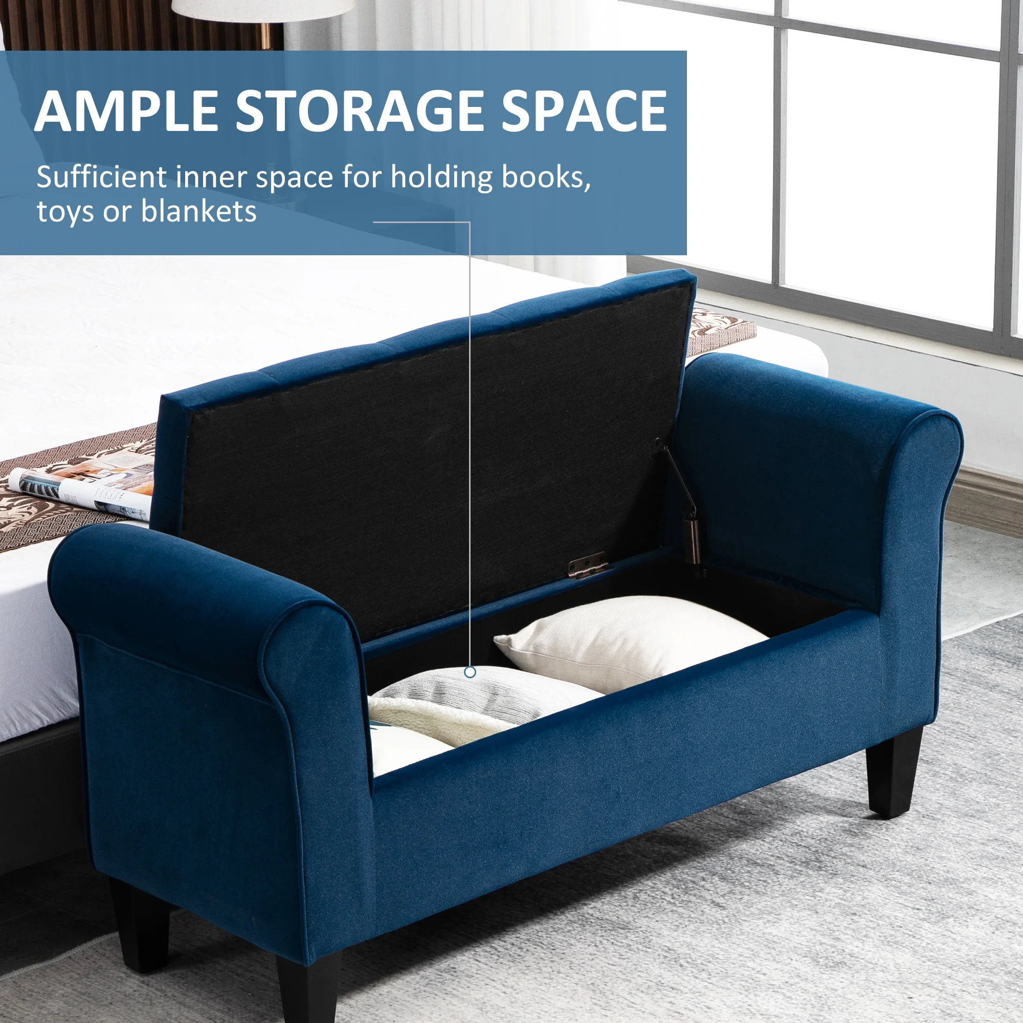 HOMCOM Button-Tufted Storage Ottoman Bench, Upholstered Bench with Rolled Armrests for Living Room or Hallway, Blue(Blue)
