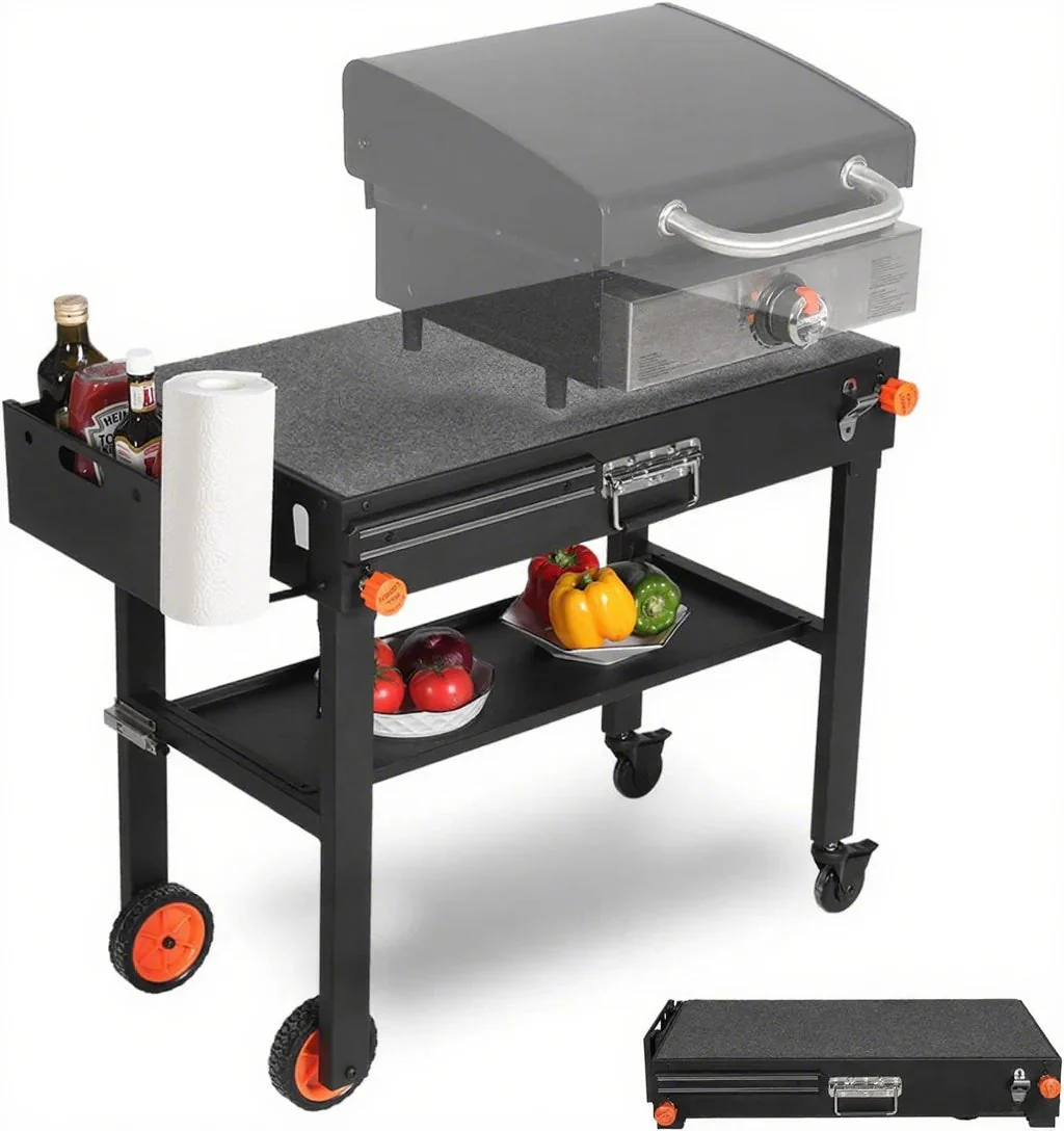 Portable Outdoor Grill Table, Folding Grill Cart Solid and Sturdy, Griddle Stand Large Space Table with Paper Towel Holder, Grill Stand for…