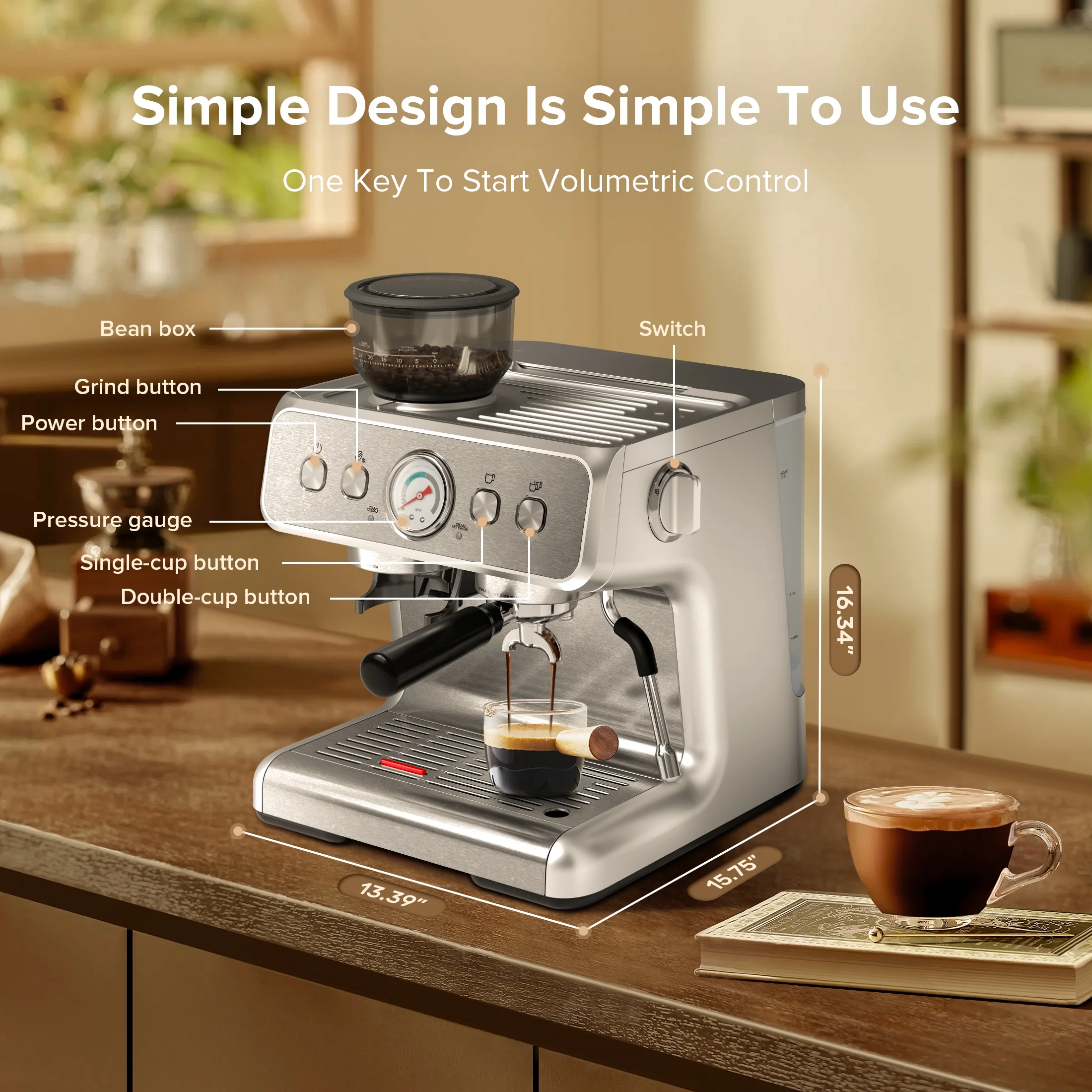 20 Bar Automatic Espresso Coffee Maker with Grinder and Milk Frother Steam Wand, Drip Hot Coffee, 12 Cups, Espresso/Cappuccino/Latte/Mocha for Home, Stainless Steel - Image 4