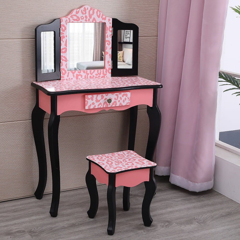 Kids Vanity Table and Stool Set with 3 Mirrors, Pretend Play Princess Makeup Dressing Table,Children's Furniture(Blue) Image 2