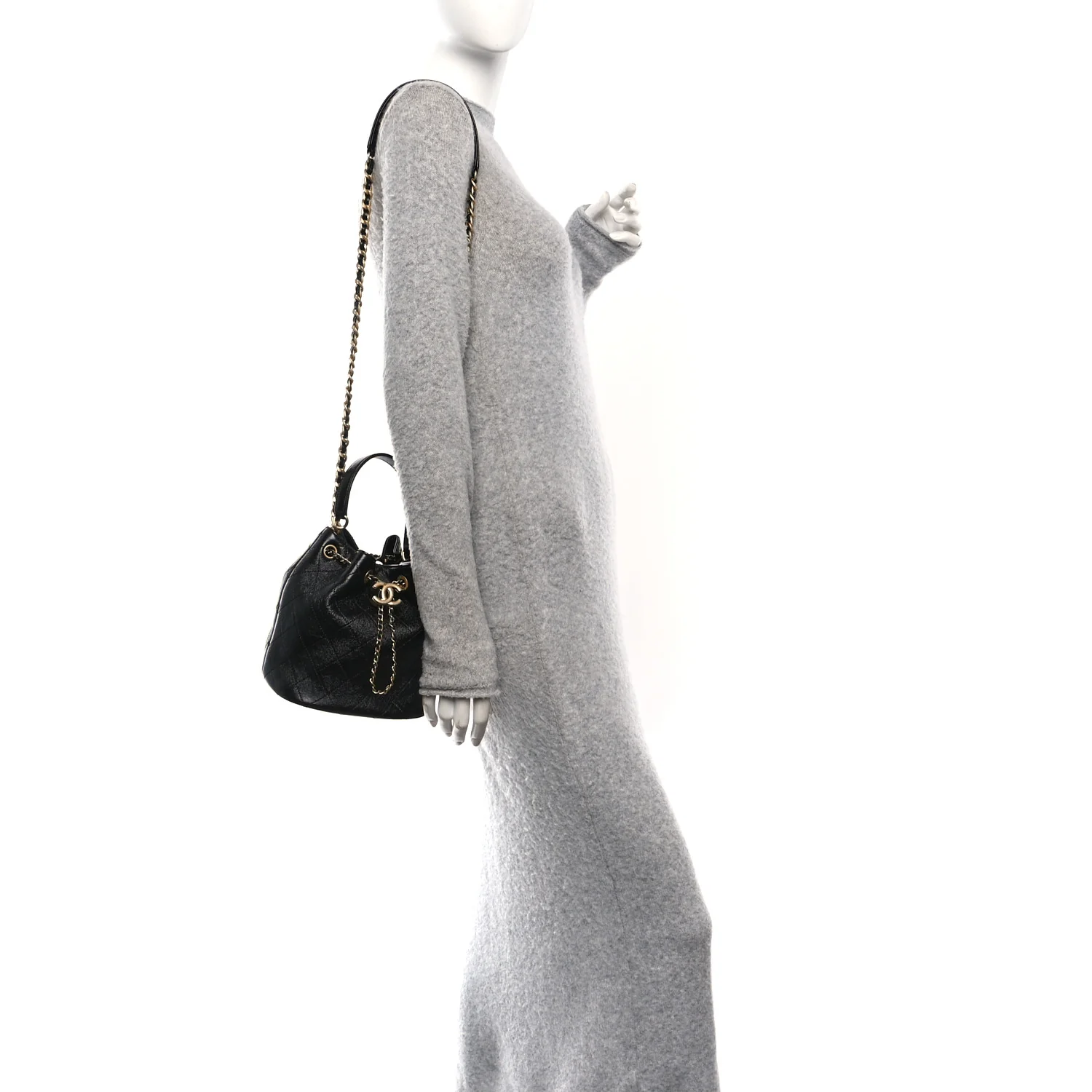 Shiny Lambskin Quilted Fashion Therapy Bucket Drawstring Bag Black