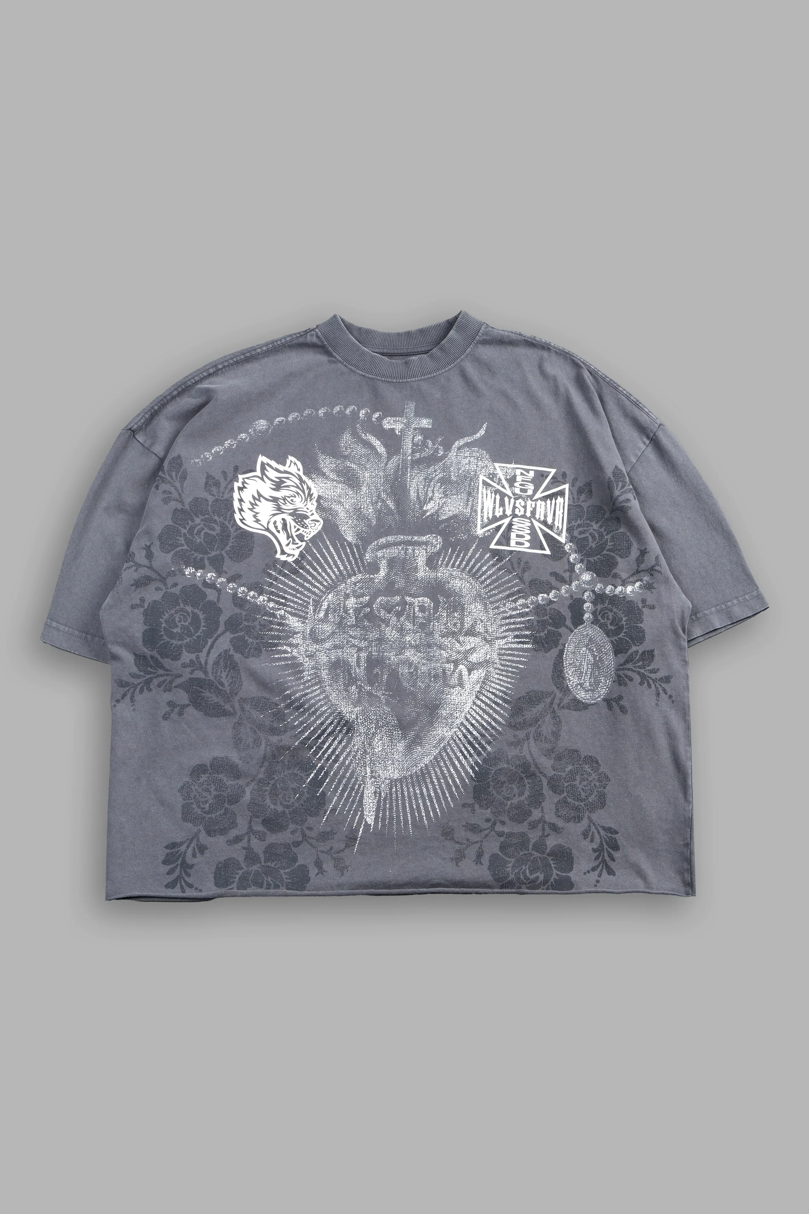 El Rosario Grunge Raw Hem Box Cut Tee In Slate Gray