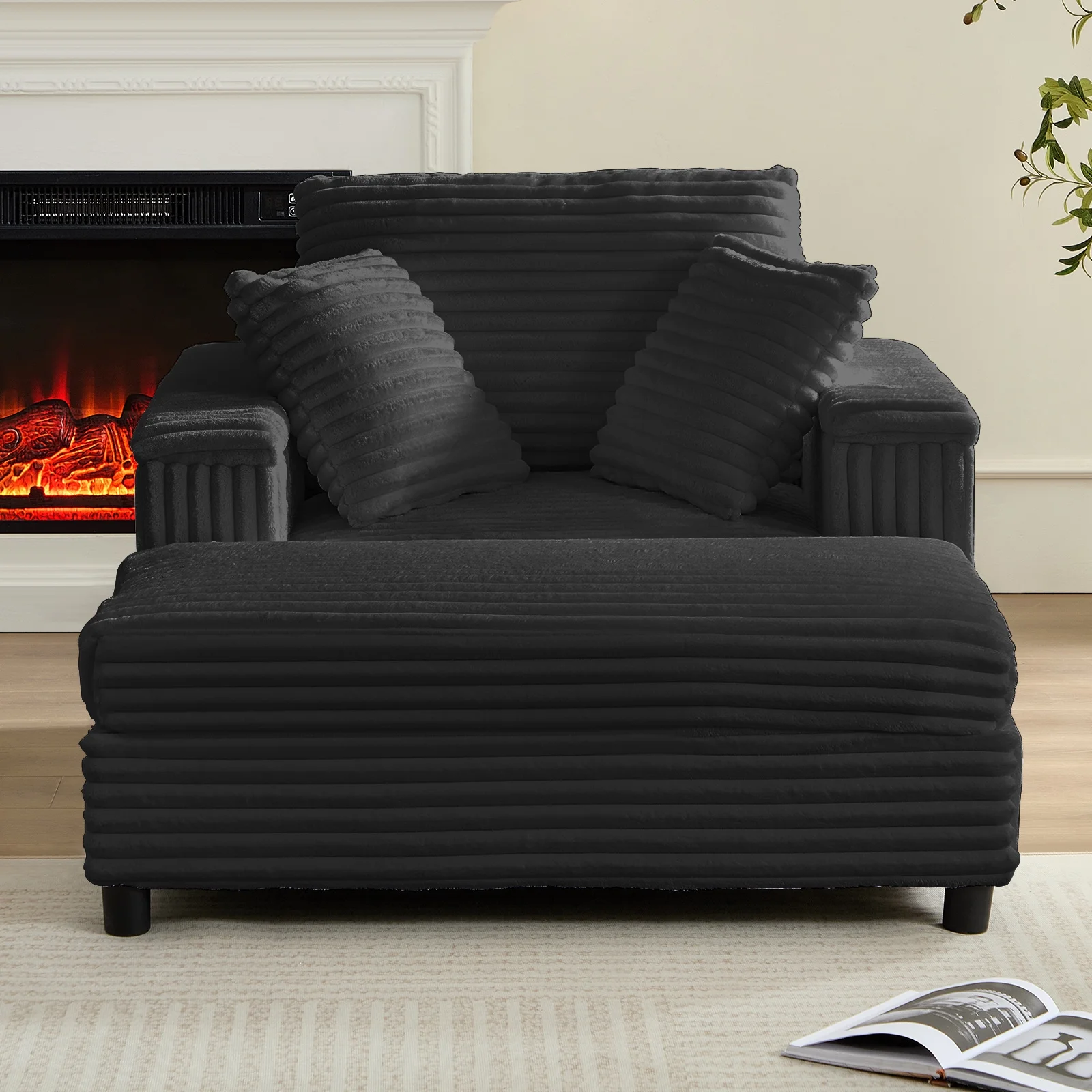 44" Modern Corduroy Accent Armchair with Storage Ottoman for Living Room, Black(Black) - Image 10