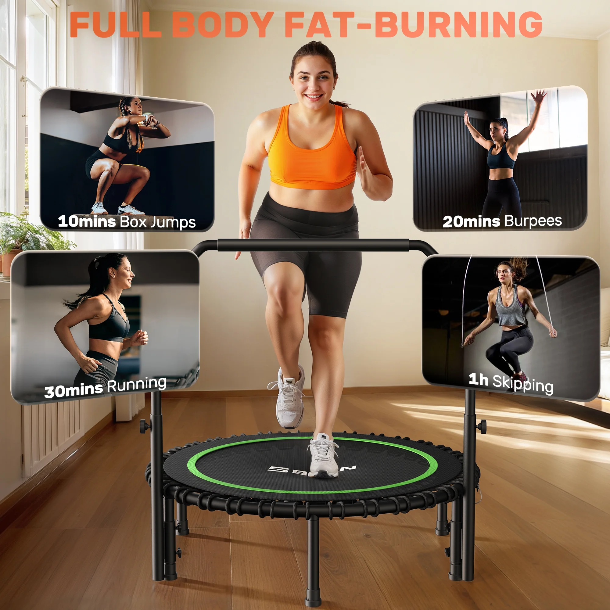 450 LBS Foldable Mini Trampoline, 40" Fitness Trampoline with Bungees, Stable Quiet Exercise Rebounder for Kids/Adults(40in Green) - Image 5
