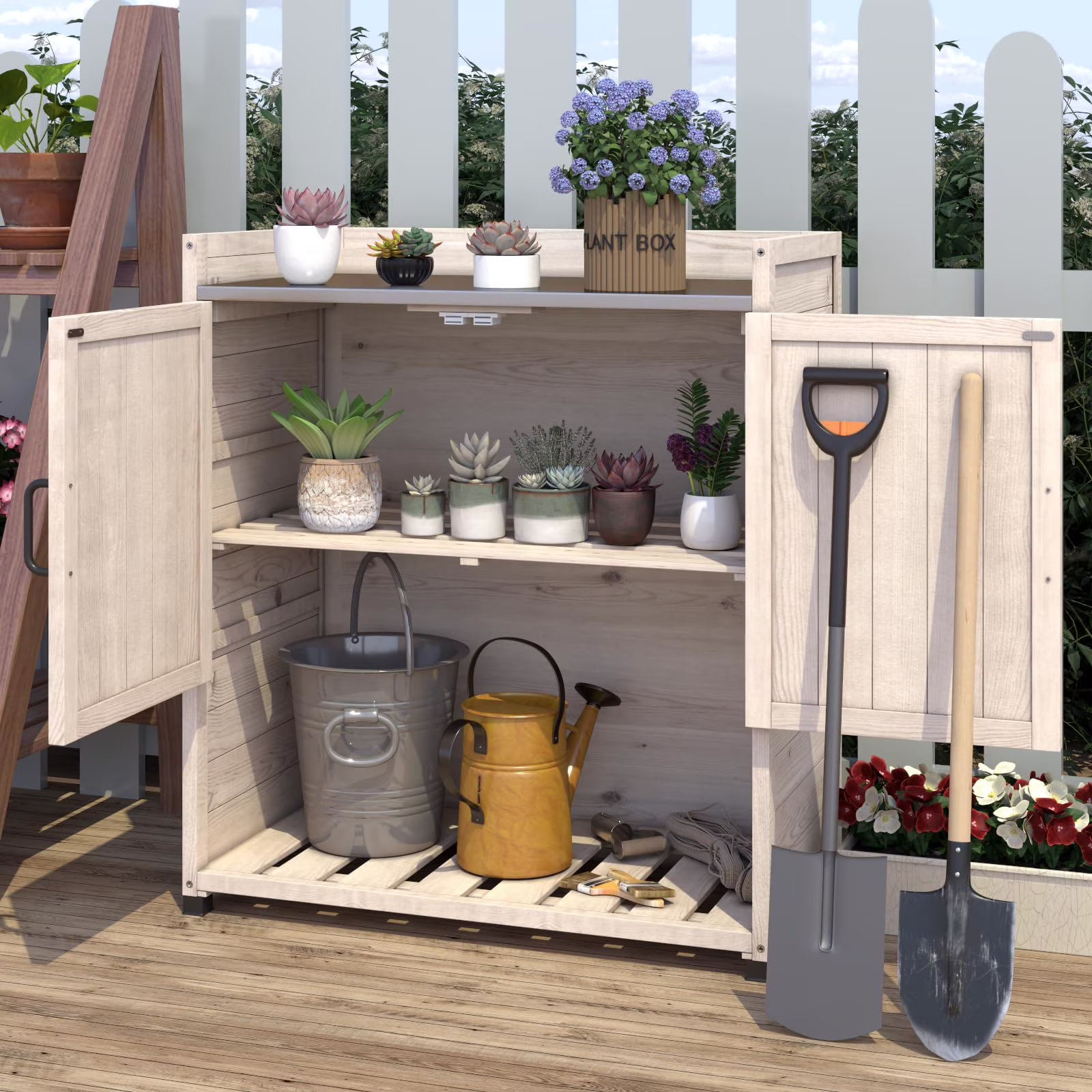 Potting Bench, Wooden Outdoor Storage Cabinet with Adjustable Shelf, Patio Storage with Metal Tabletop, Potting Table for Garden, Patio and Lawns, Gray(Gray) - Image 3
