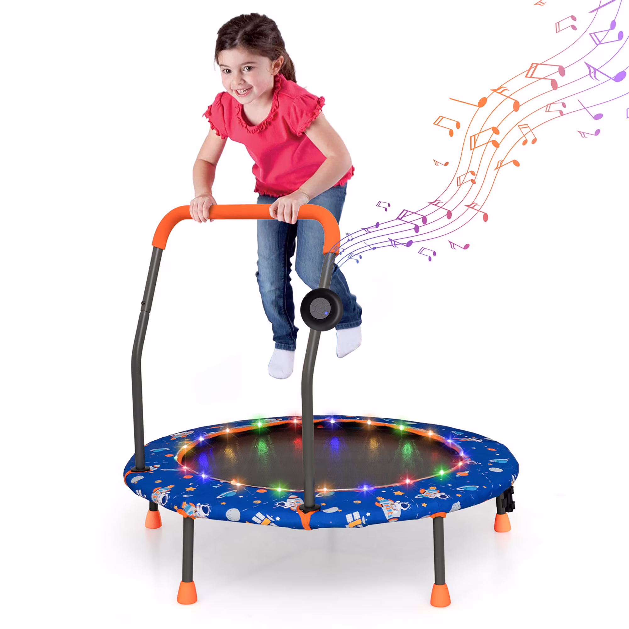 36'' Mini Toddler Trampoline w/ LED Bluetooth Speaker Detachable Handle Kids Gifts Blue