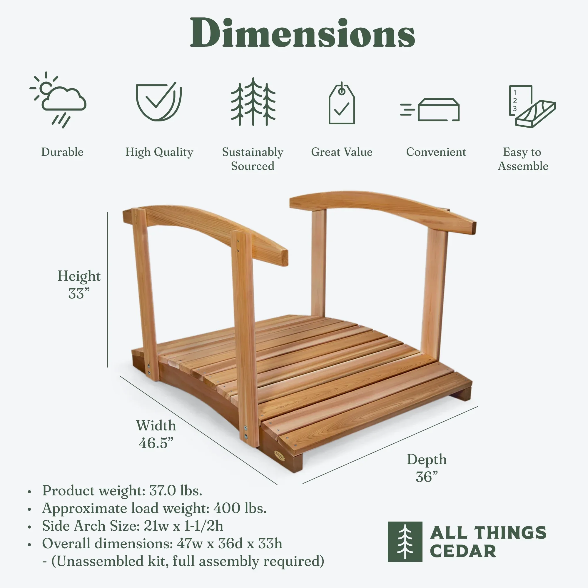 All Things Cedar FB36-R 3-ft Cedar Wood Garden Bridge | Side Rails - 36L x 29W x 7H