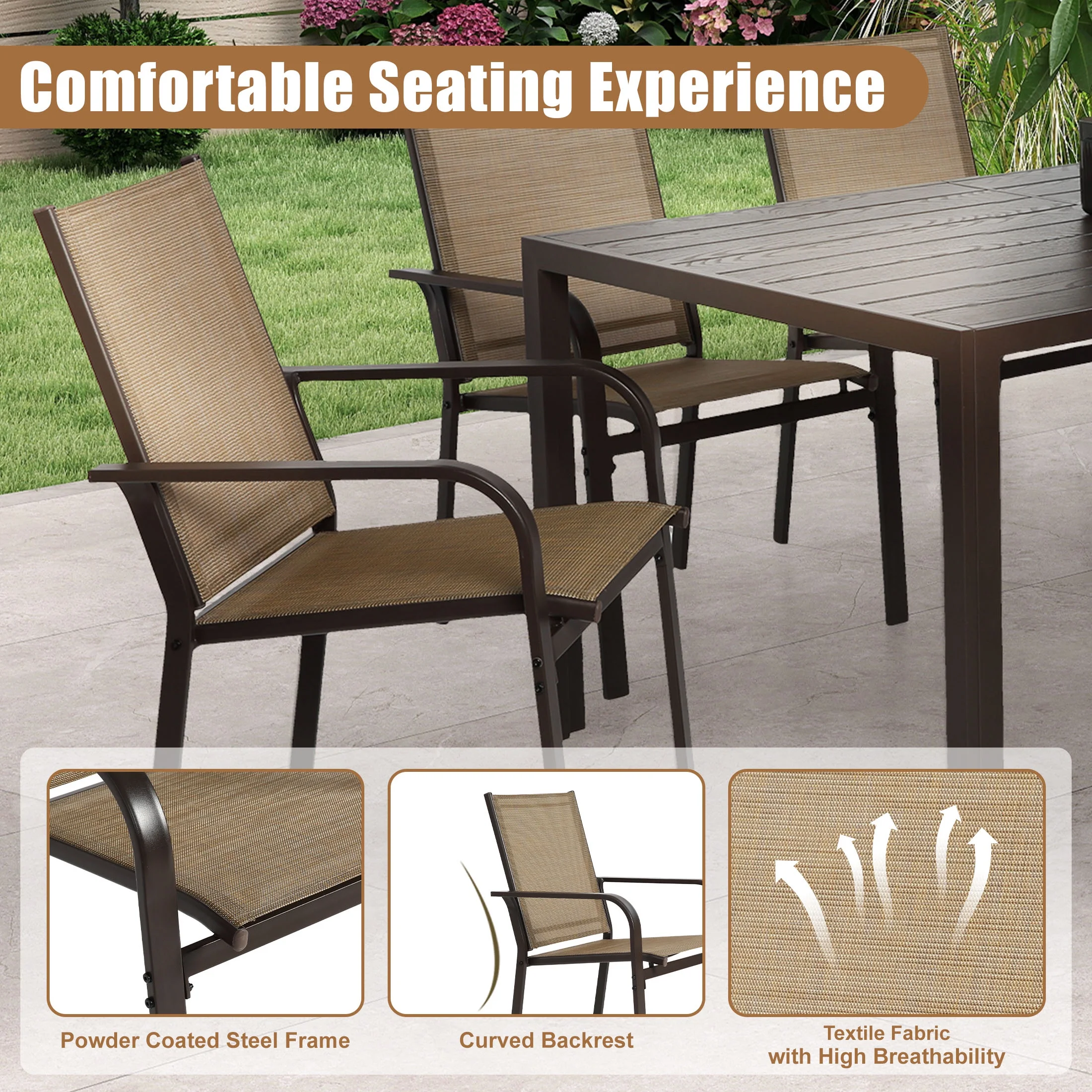 7 Piece Outdoor Dining Set, Patio Dining Table Set for 6 Persons, Garden Patio Textilene Dining Furniture Set with Plastic-Wood Tabletop, Dining Table Chairs Conversation Set for Deck Patio(Brown) - Image 6