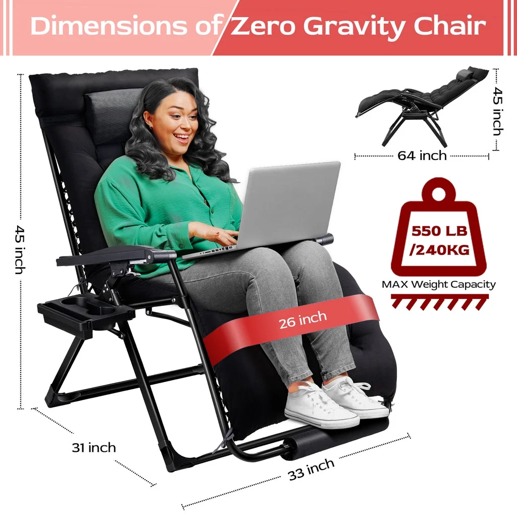 XXL Oversize Zero Gravity Chair 500lb Capacity, 33-Inch Wide Padded Seat, Folding Travel Recliner for Outdoor / Indoor Use Patio, Lawn, Black, Portable and Heavy Duty(1/Black) - Image 2