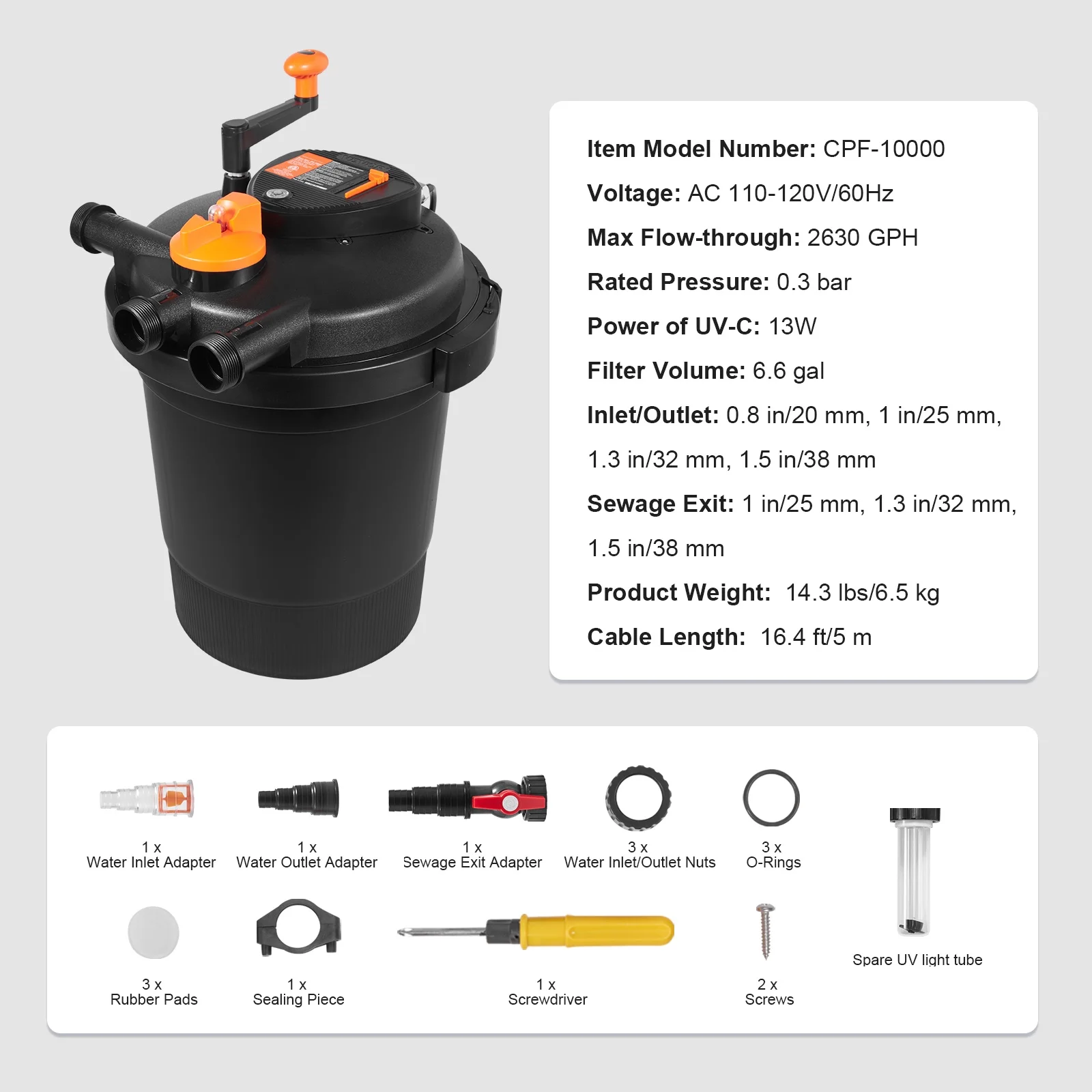 KFFKFF Biological Pressure Pond Filter, Suitable for 3200 Gallons, Equipped with 13W UV - C Lamp, 2630 GPH, Pressurized Pond Filtration System Equipment for Fountain Pool