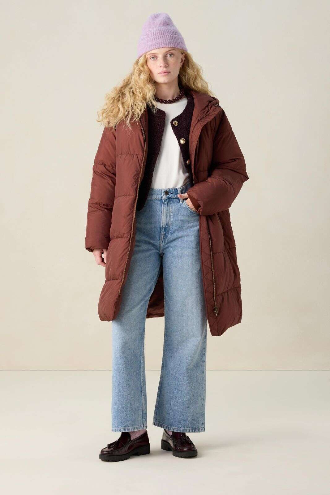 Donkerbruine lange pufferjas