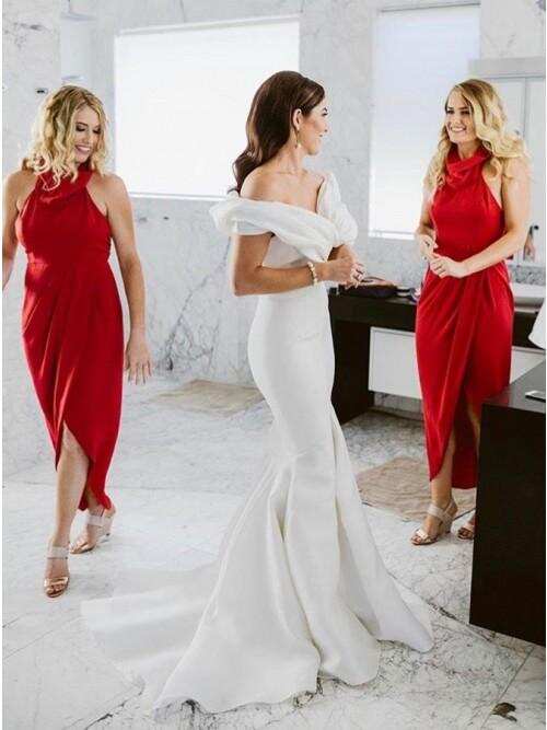 Sheath Cowl Neck Hi-Low Red Simple Bridesmaid Dress with Ruched DMR87