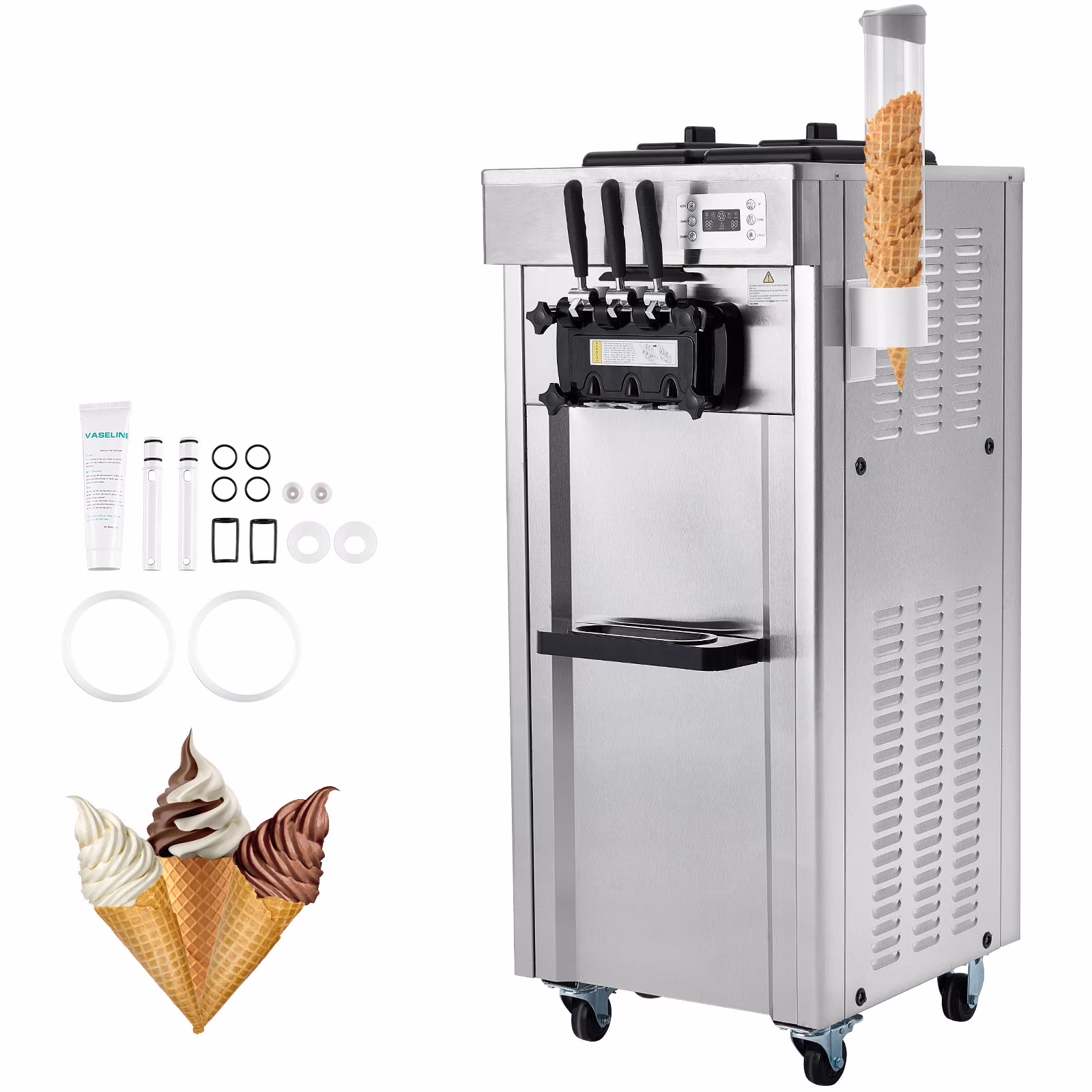 Commercial Soft Ice Cream Machine 21-31 L/H Output 3-Flavor LED Display Auto Clean 4.3L/1.1GAL Hopper,1.7L/0.45gal Cylinder