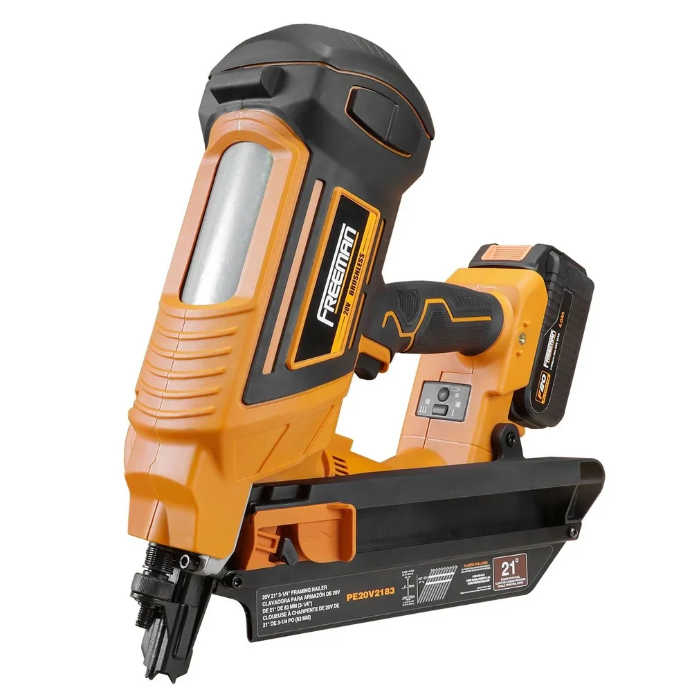 Freeman PE20V2183 20 Volt Cordless and Brushless 21 Degree 3-1/4 Framing Nailer Kit with Lithium Ion Battery, Charger, and Bag �C 750 Shots per Charge