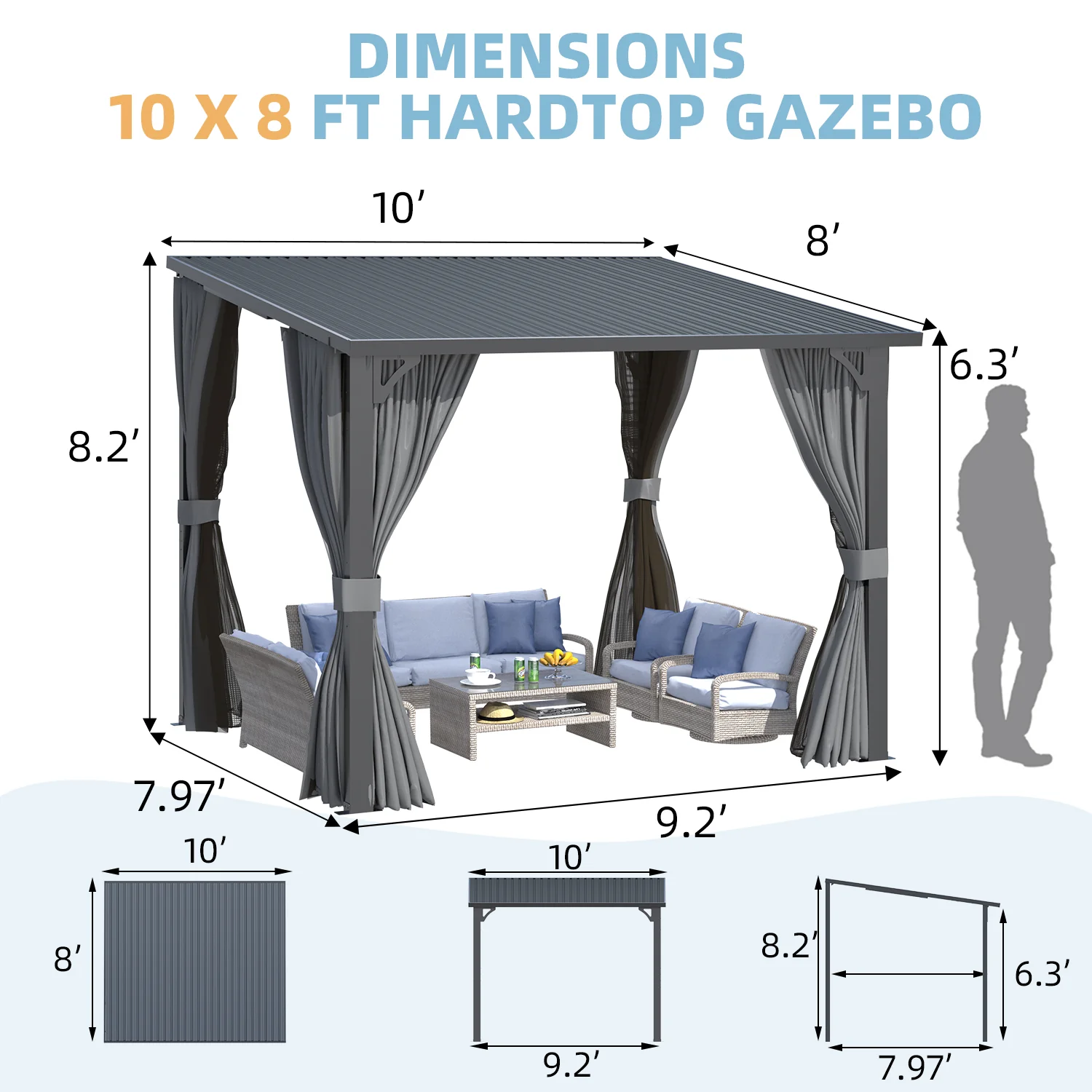 AECOJOY 10'x8' Outdoor Hardtop Metal Gazebo with Curtain and Netting