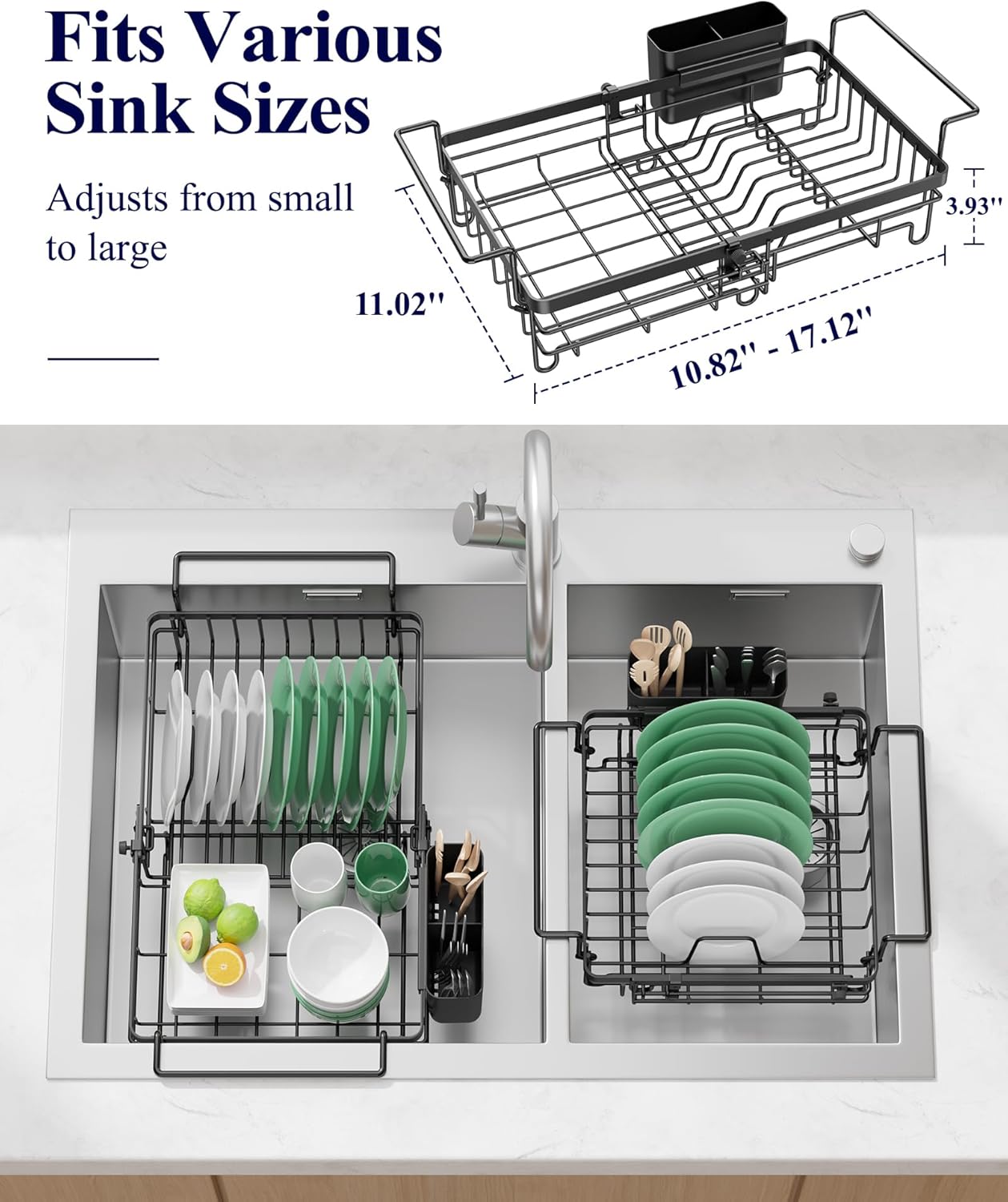 Kitsure Expandable in-Sink or Over-Sink Dish Drying Rack, Large, Black