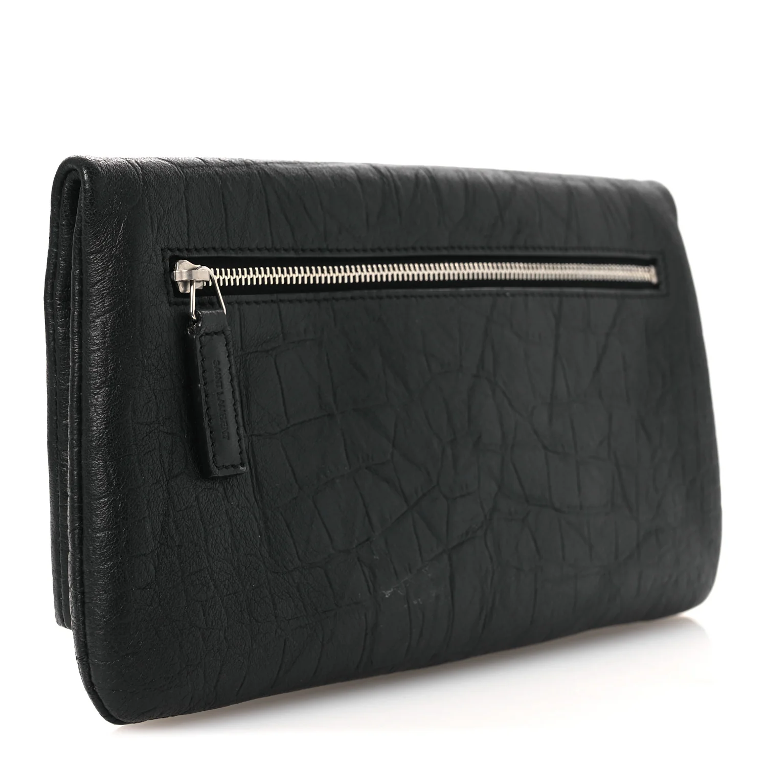 Calfskin Crocodile Embossed West Hollywood Monogram Fold Over Clutch Black
