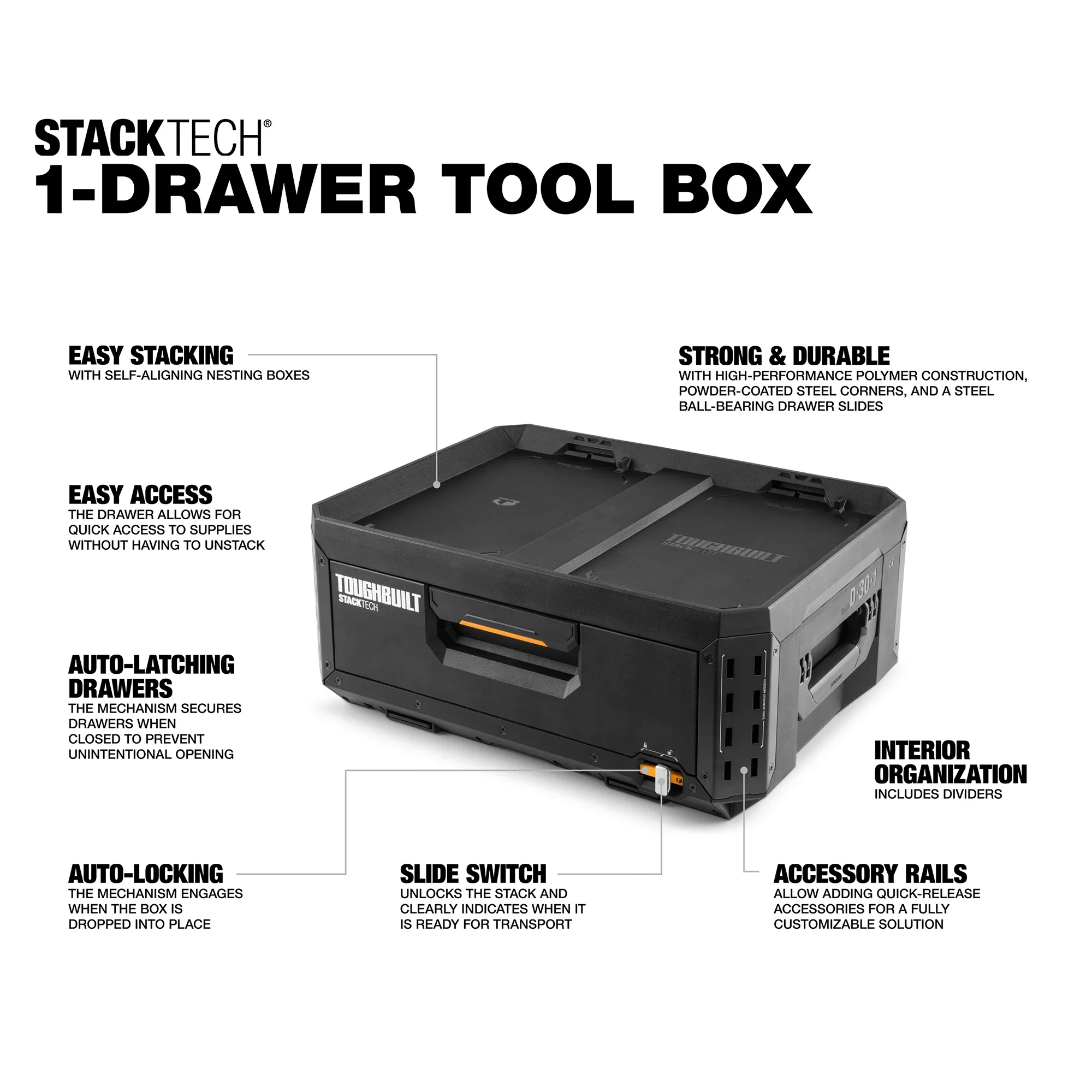 ToughBuilt StackTech 1 Drawer Toolbox, Heavy-Duty Stackable Tools Storage, 50 lb Capacity