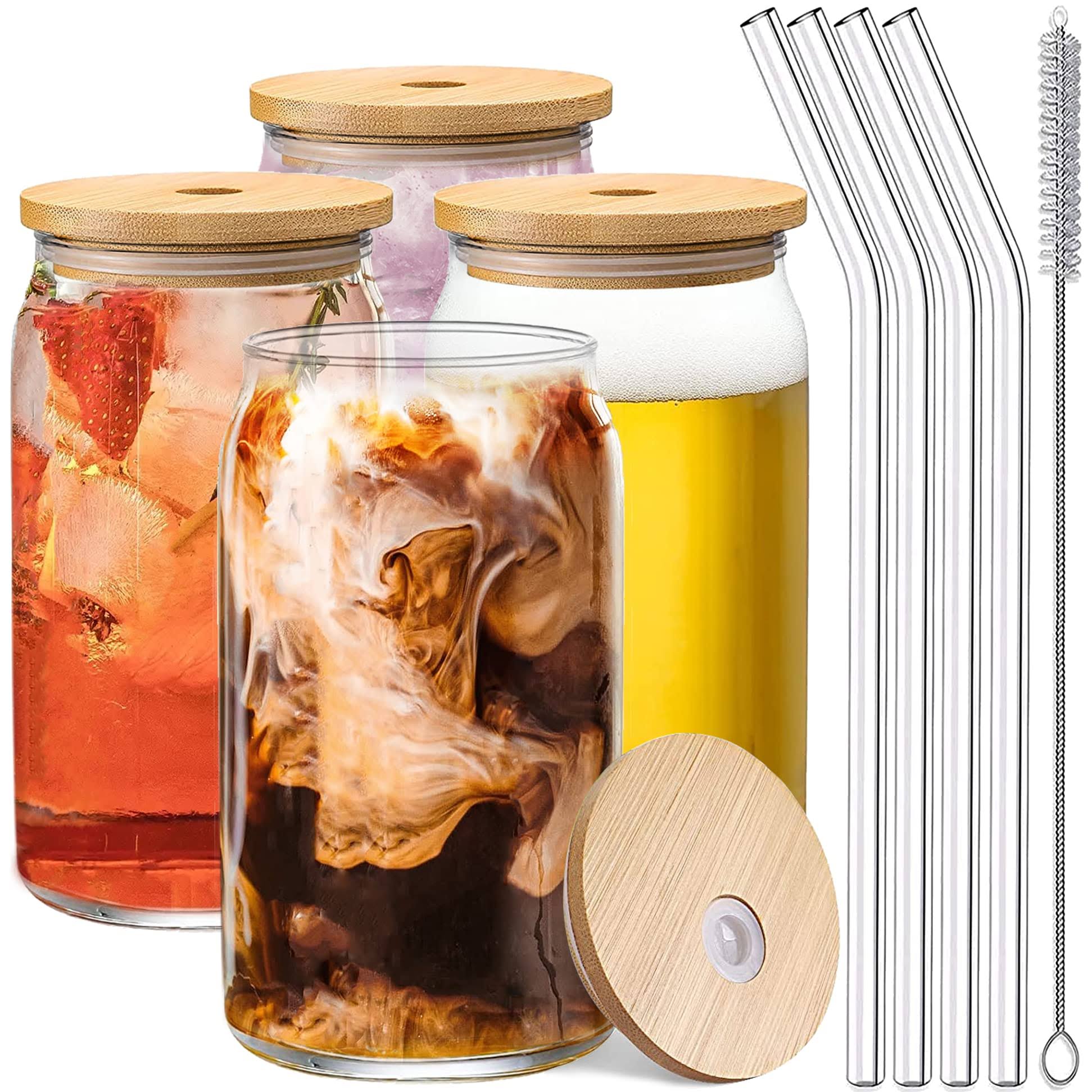 Drinking Glasses 4pc Set with Bamboo Lids & Straws - Can Shaped Glass Cups, Margarita Glasses, 16oz Iced Coffee Glasses, Iced Tea Glasses, Tumbler Cup