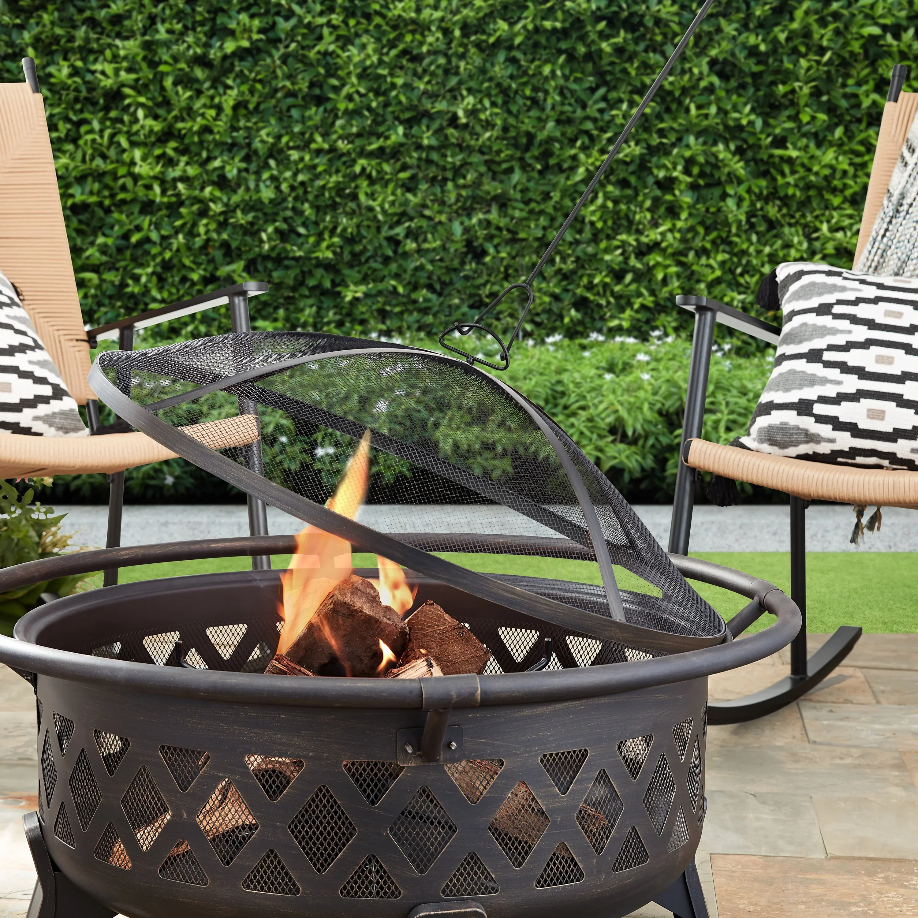 Better Homes & Gardens 35 Round Lattice Wood Burning Fire Pit with Cover, Antique Bronze