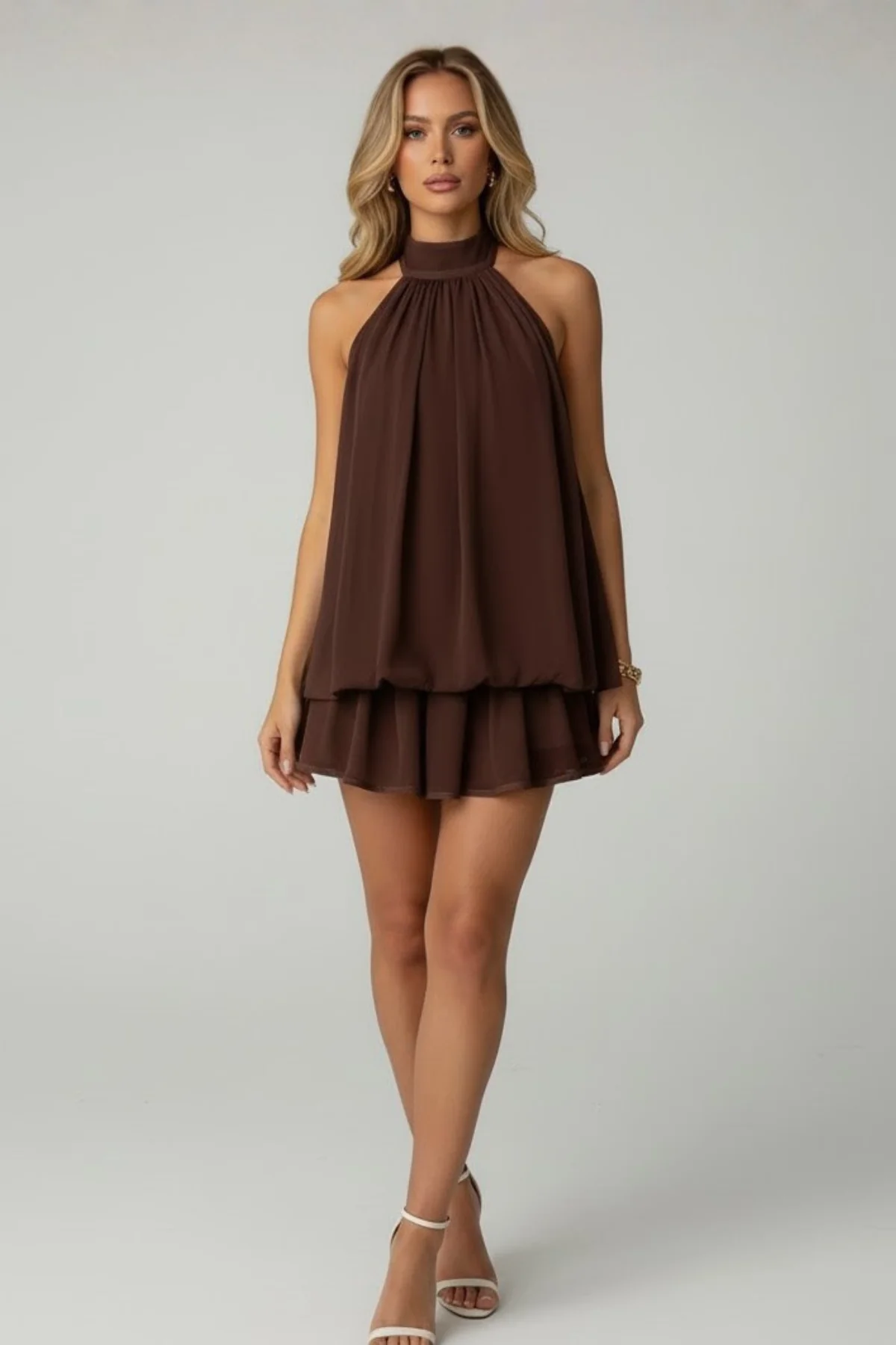 Robe mini sans manches à col licou pour femme avec ourlet à double volant