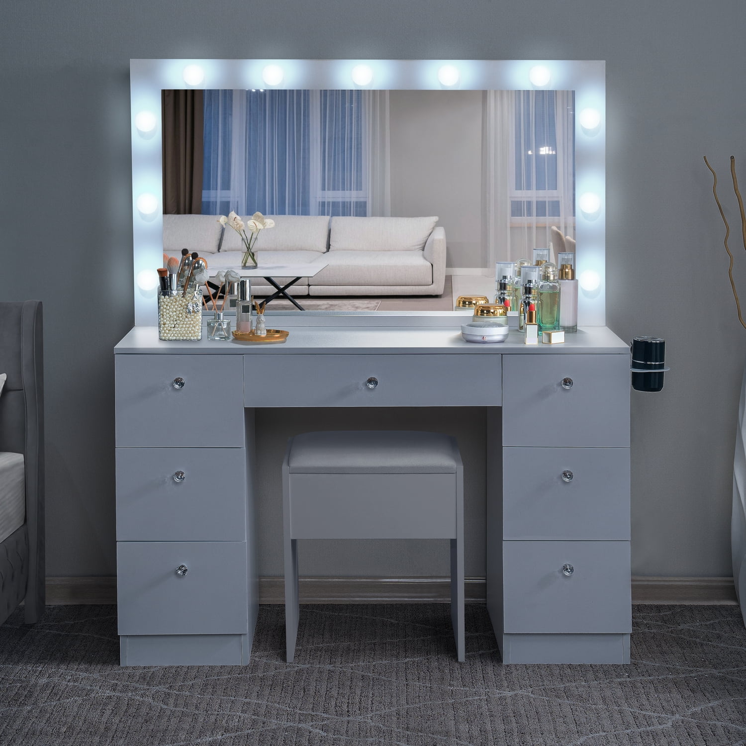 Naomi Home Vera Makeup Deluxe Vanity Table Set, 7 Drawers, 11 Lights, Oversized Mirror, White(White)